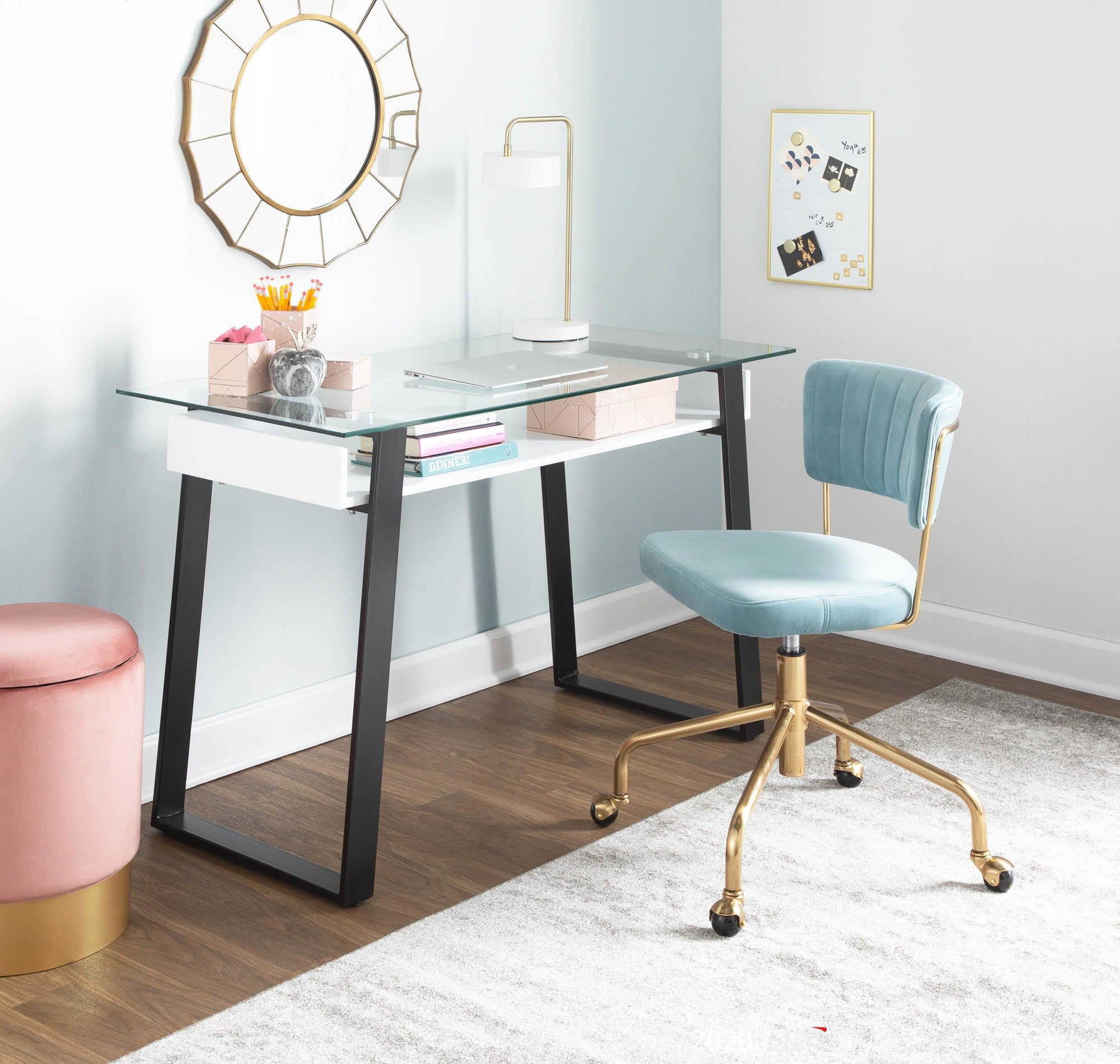 Tania Task Chair - Gold Metal, Light Blue Velvet