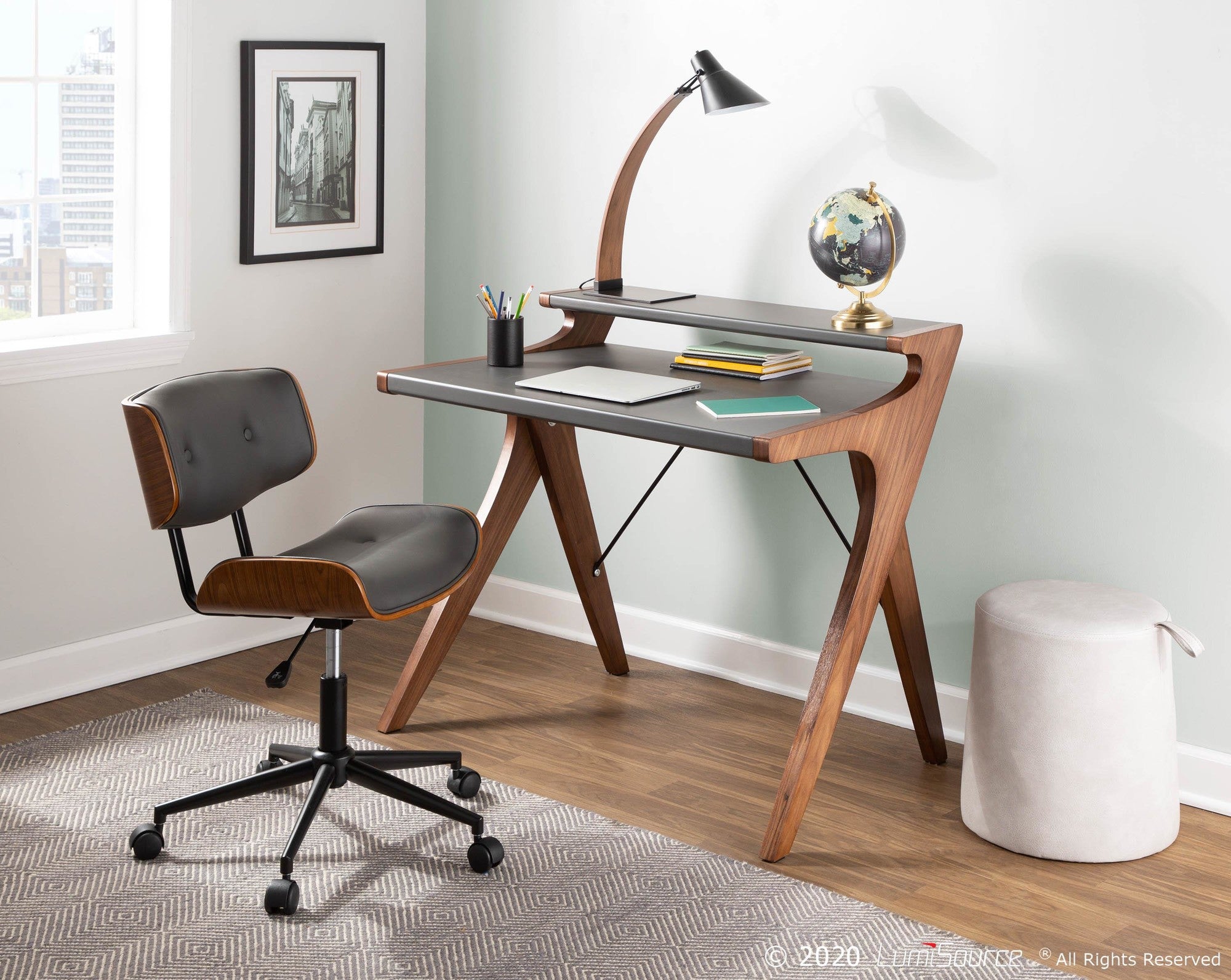 Lombardi Office Chair - Black Metal, Walnut Wood, Grey PU