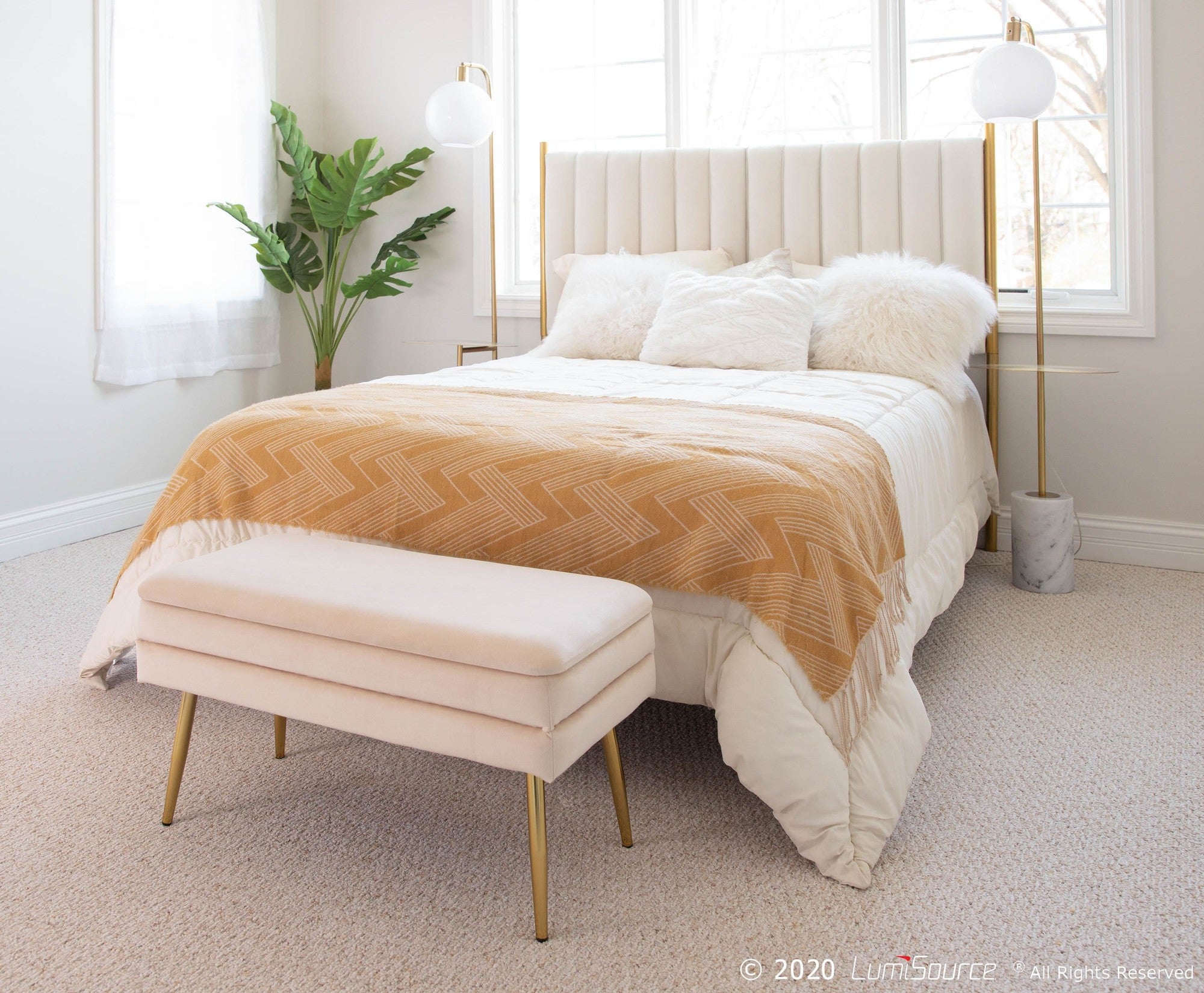 Symbol Floor Lamp With Side Table - White Marble, Gold Metal, White Shade