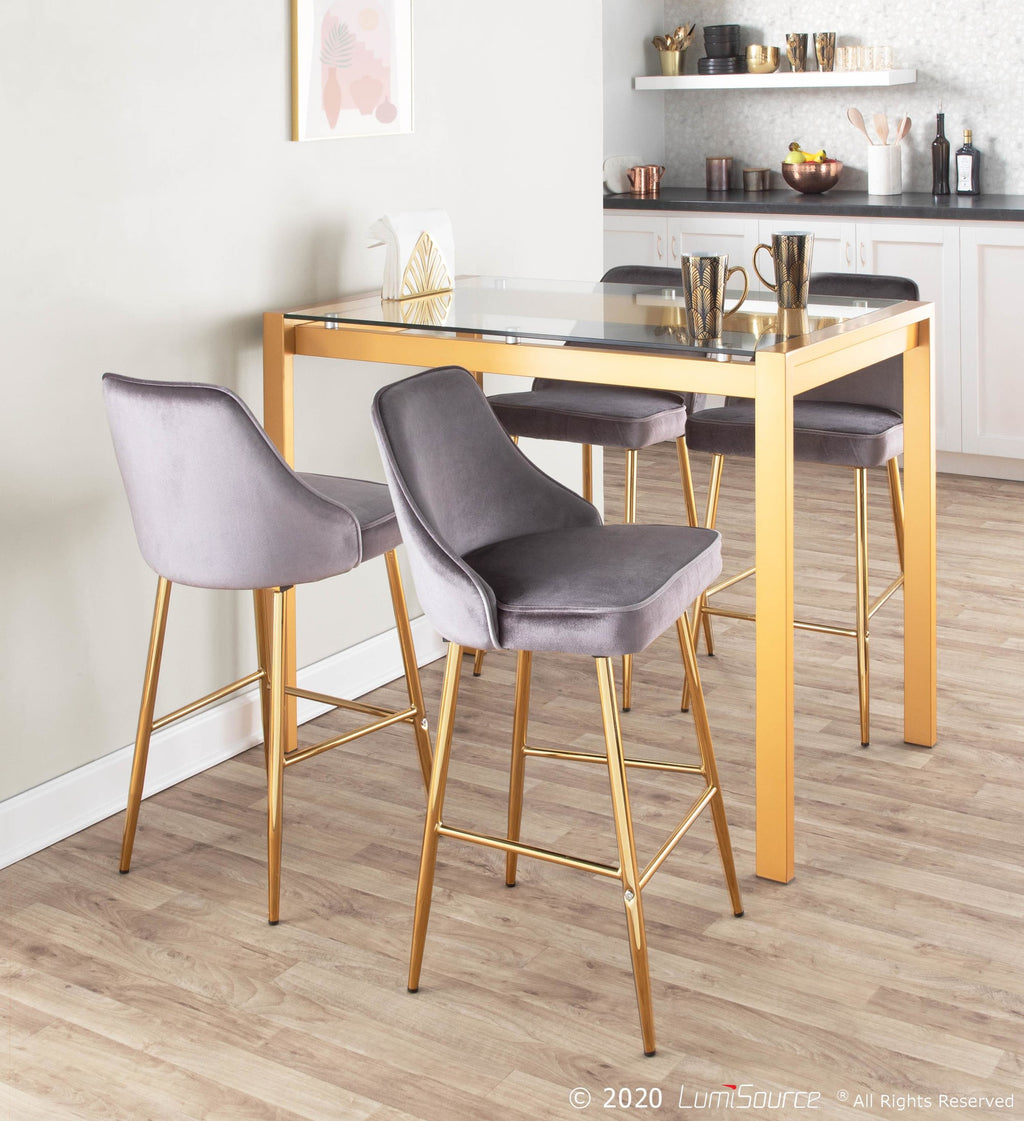 Marcel 25" Fixed-Height Counter Stool - Set of 2 - Gold Metal, Silver Velvet