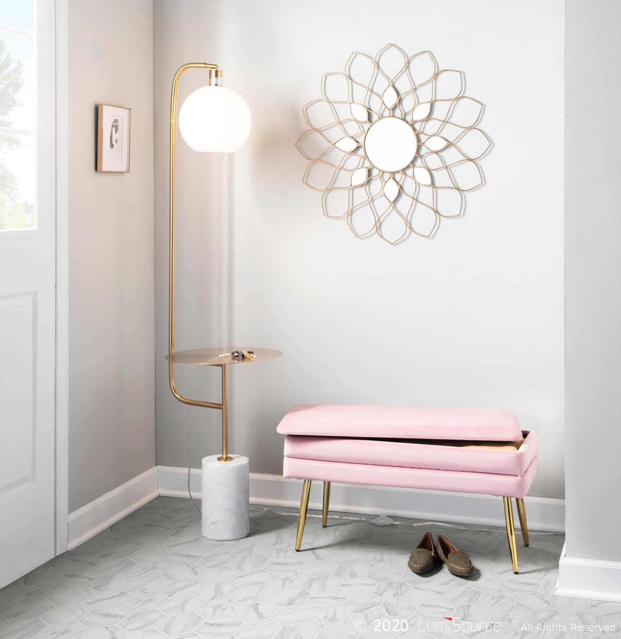 Symbol Floor Lamp With Side Table - White Marble, Gold Metal, White Shade
