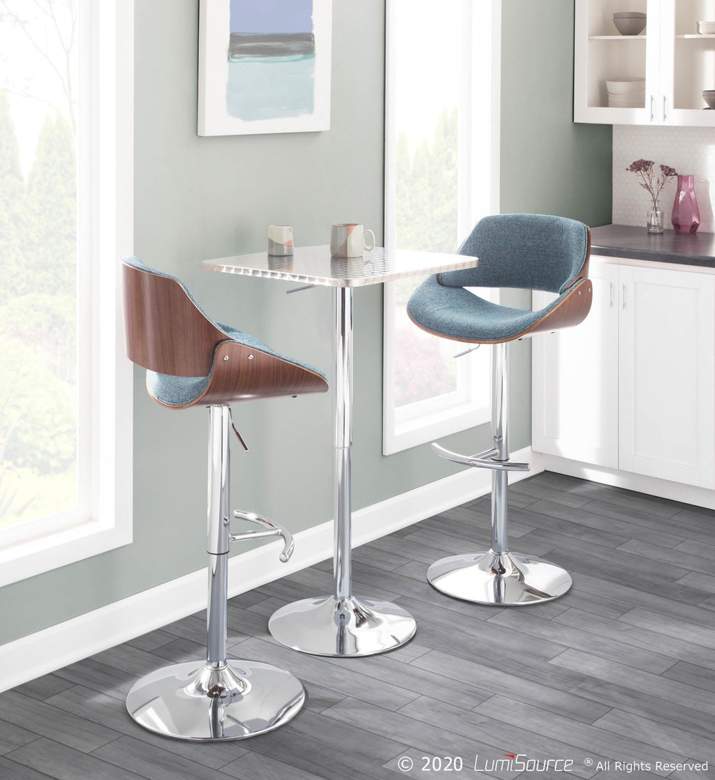 Fabrizzi Adjustable Barstool - Set of 2 - Chrome Metal, Walnut Wood, Blue Fabric
