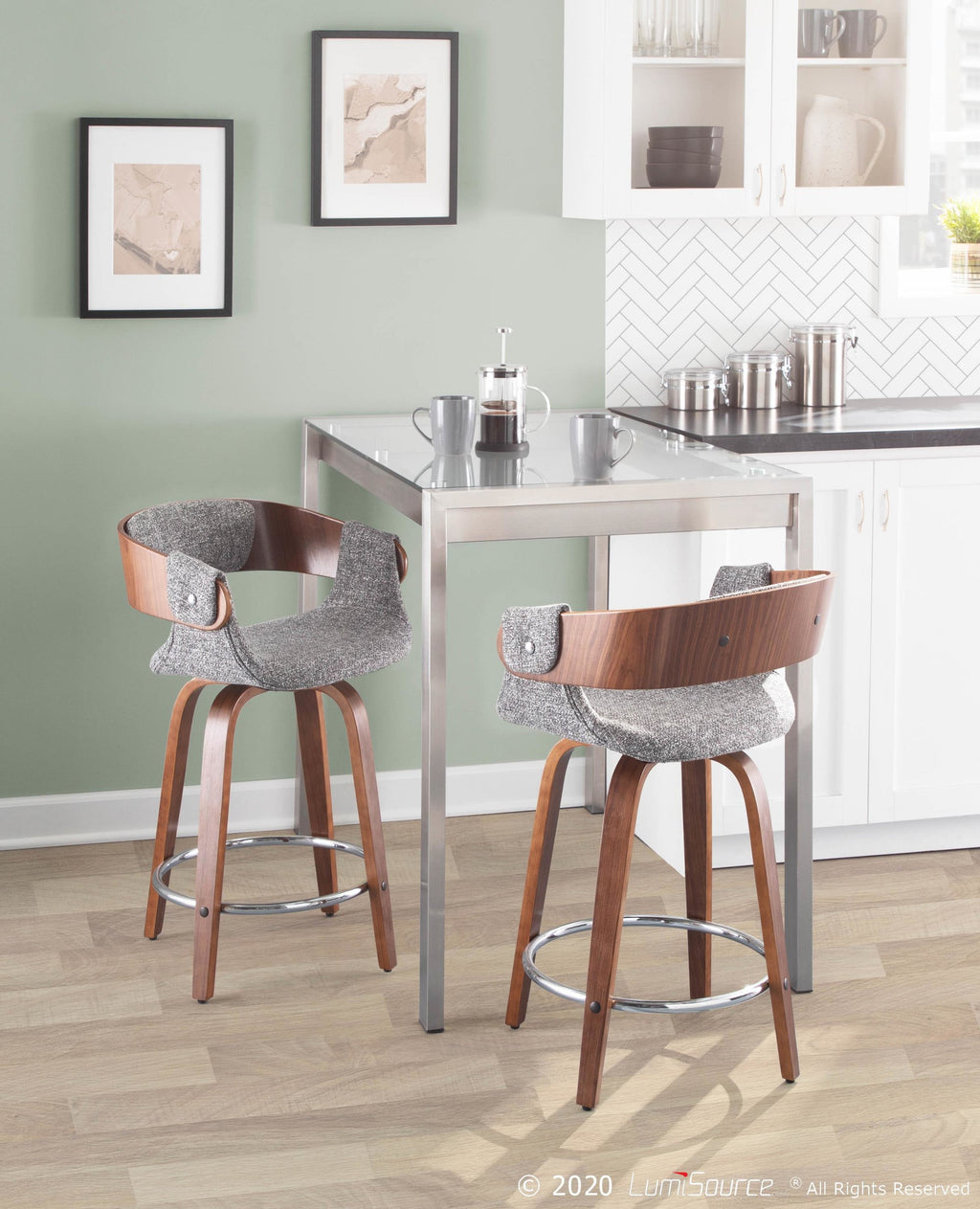 Elisa 24" Fixed-Height Counter Stool - Set of 2 - Walnut Wood, Grey Noise Fabric, Chrome
