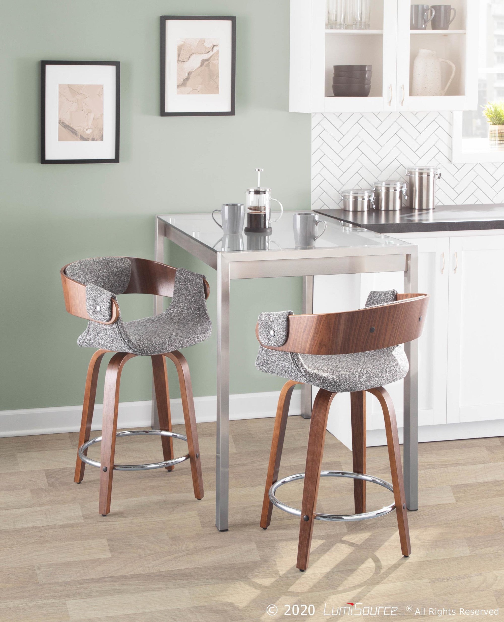 Elisa 24" Fixed-Height Counter Stool - Set of 2 - Walnut Wood, Grey Noise Fabric, Chrome