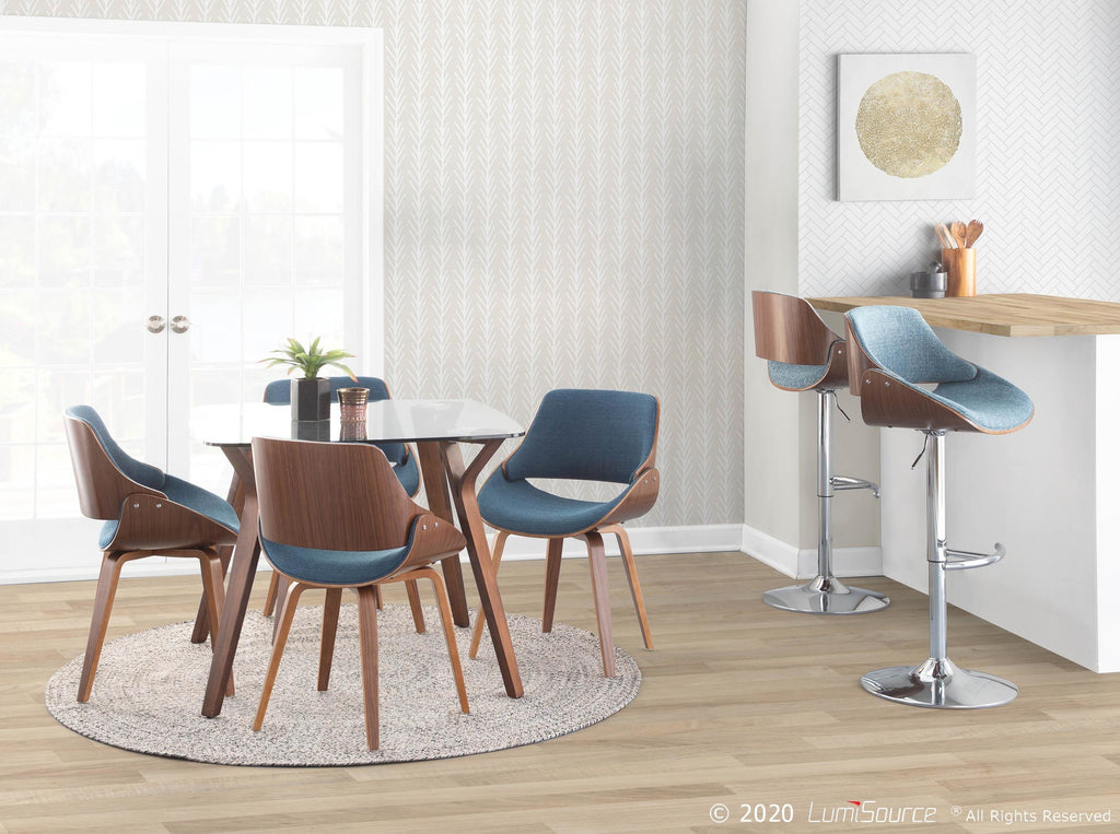 Fabrizzi Adjustable Barstool - Set of 2 - Chrome Metal, Walnut Wood, Blue Fabric