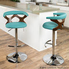 Gardenia Adjustable Barstool - Chrome Metal, Walnut Wood, Teal Fabric