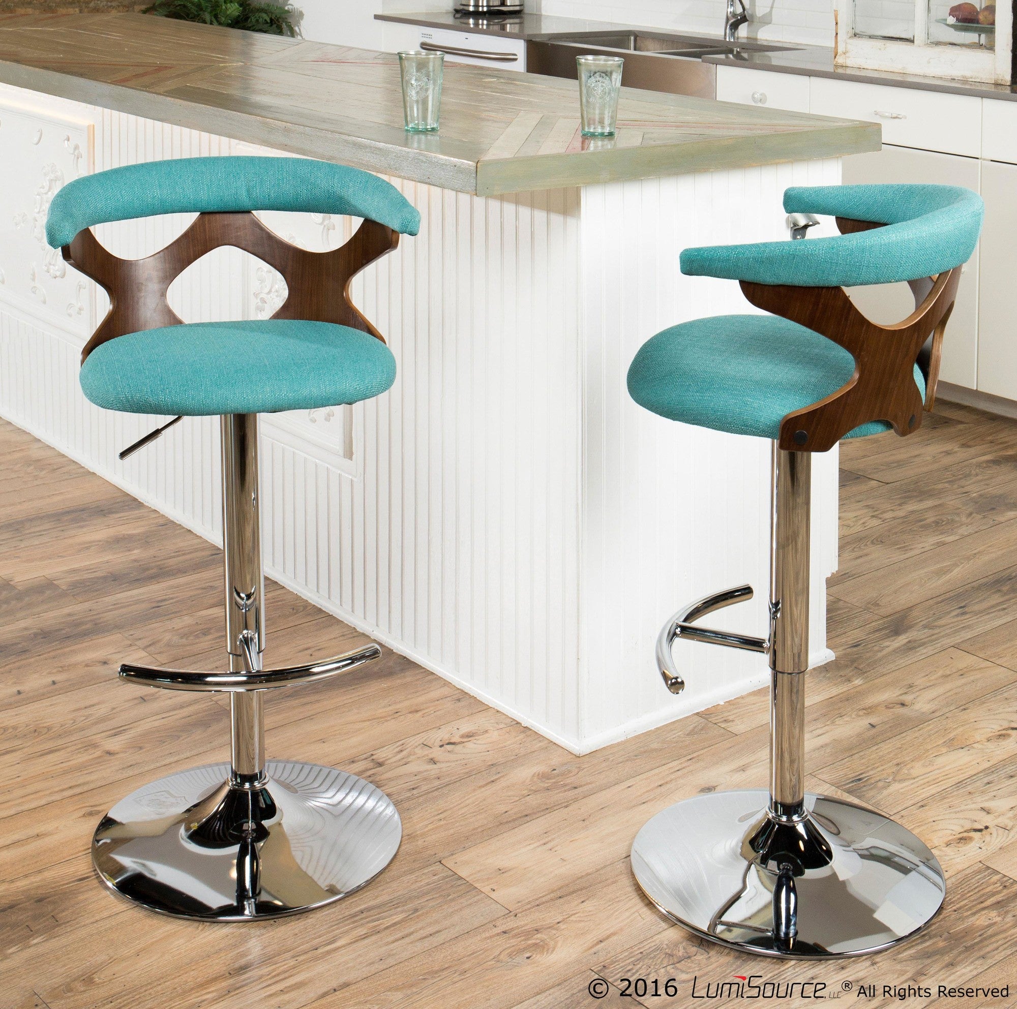 Gardenia Adjustable Barstool - Chrome Metal, Walnut Wood, Teal Fabric