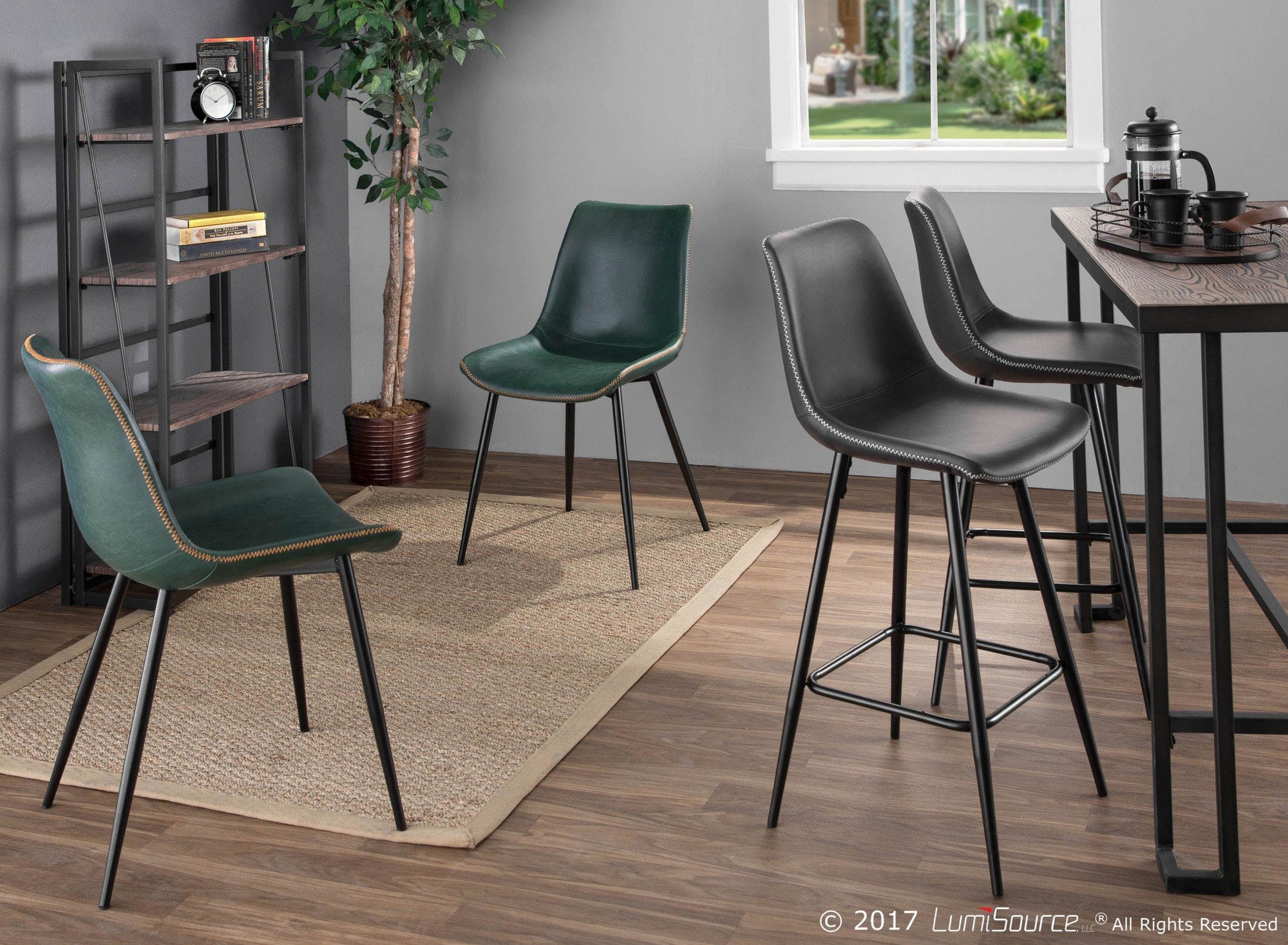 Durango Dining Chair - Set of 2 - Black Metal, Green PU, Orange Zig Zag Stitching