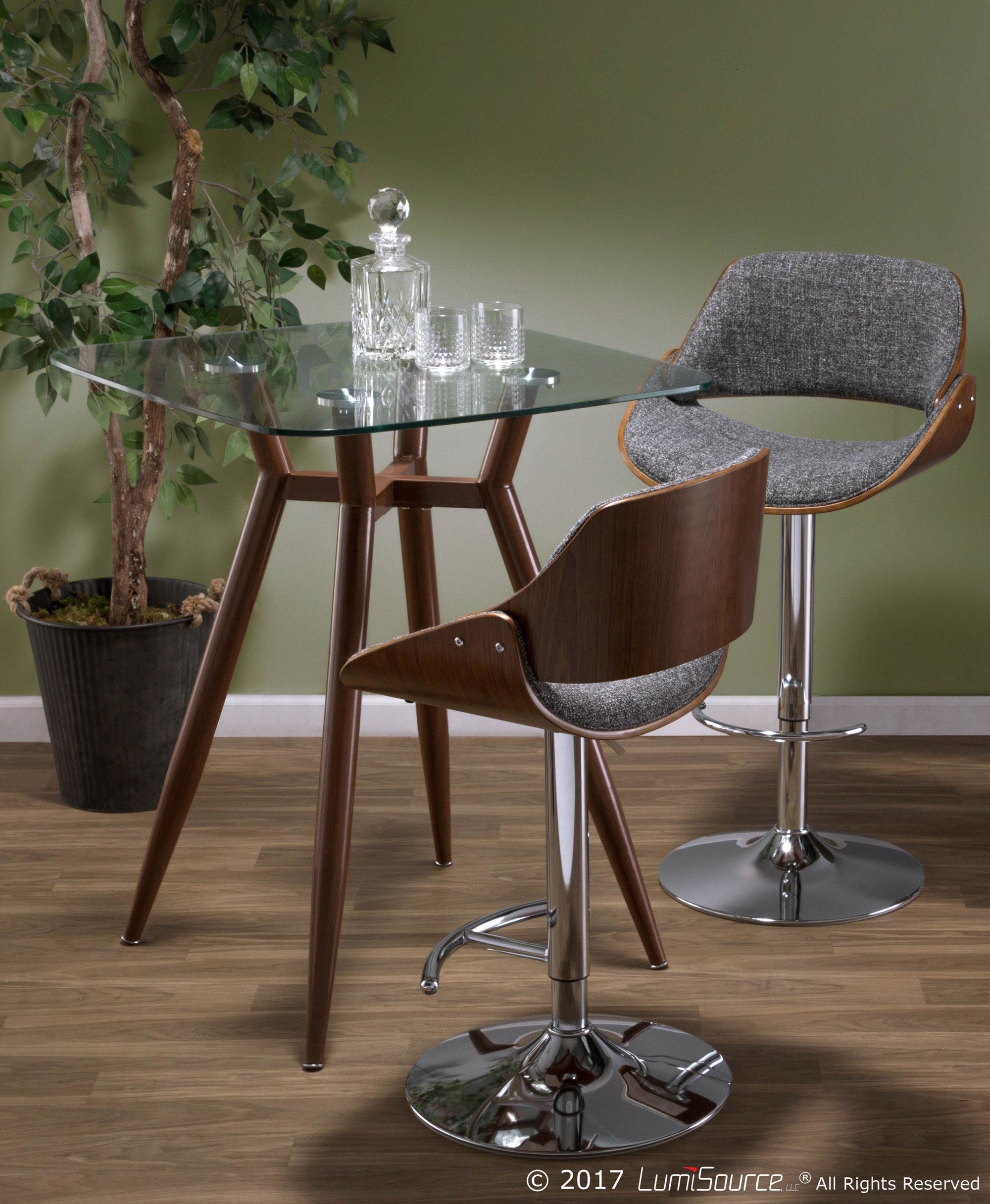Fabrizzi Adjustable Barstool - Set of 2 - Chrome Metal, Walnut Wood, Grey Noise Fabric