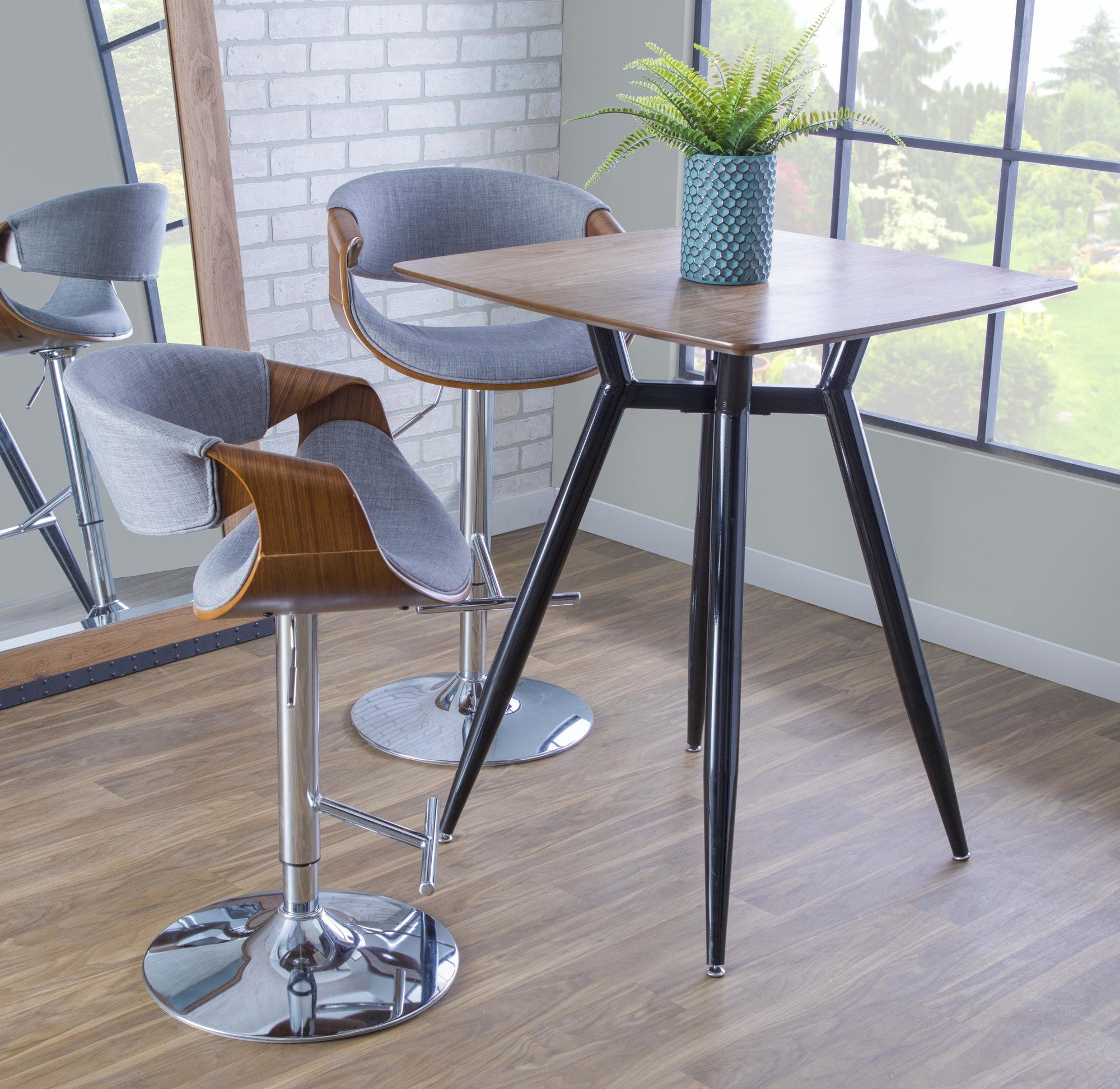 Curvo Adjustable Barstool - Chrome, Walnut Wood, Light Grey Fabric