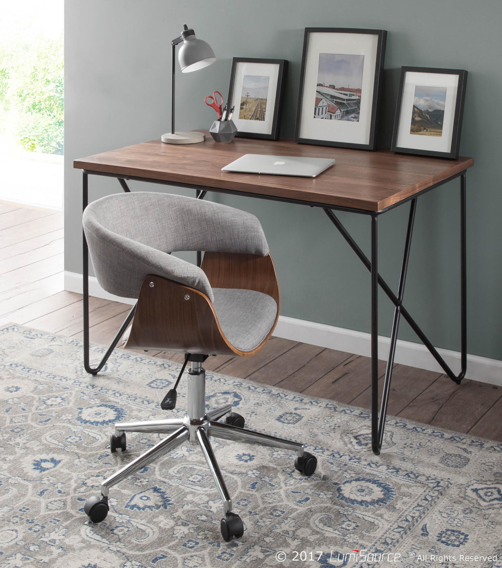 Vintage Mod Office Chair - Chrome, Walnut Wood, Light Grey Fabric
