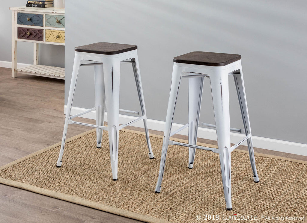 Oregon 30" Fixed-Height Barstool - Set of 2 - Vintage White Metal, Espresso Bamboo