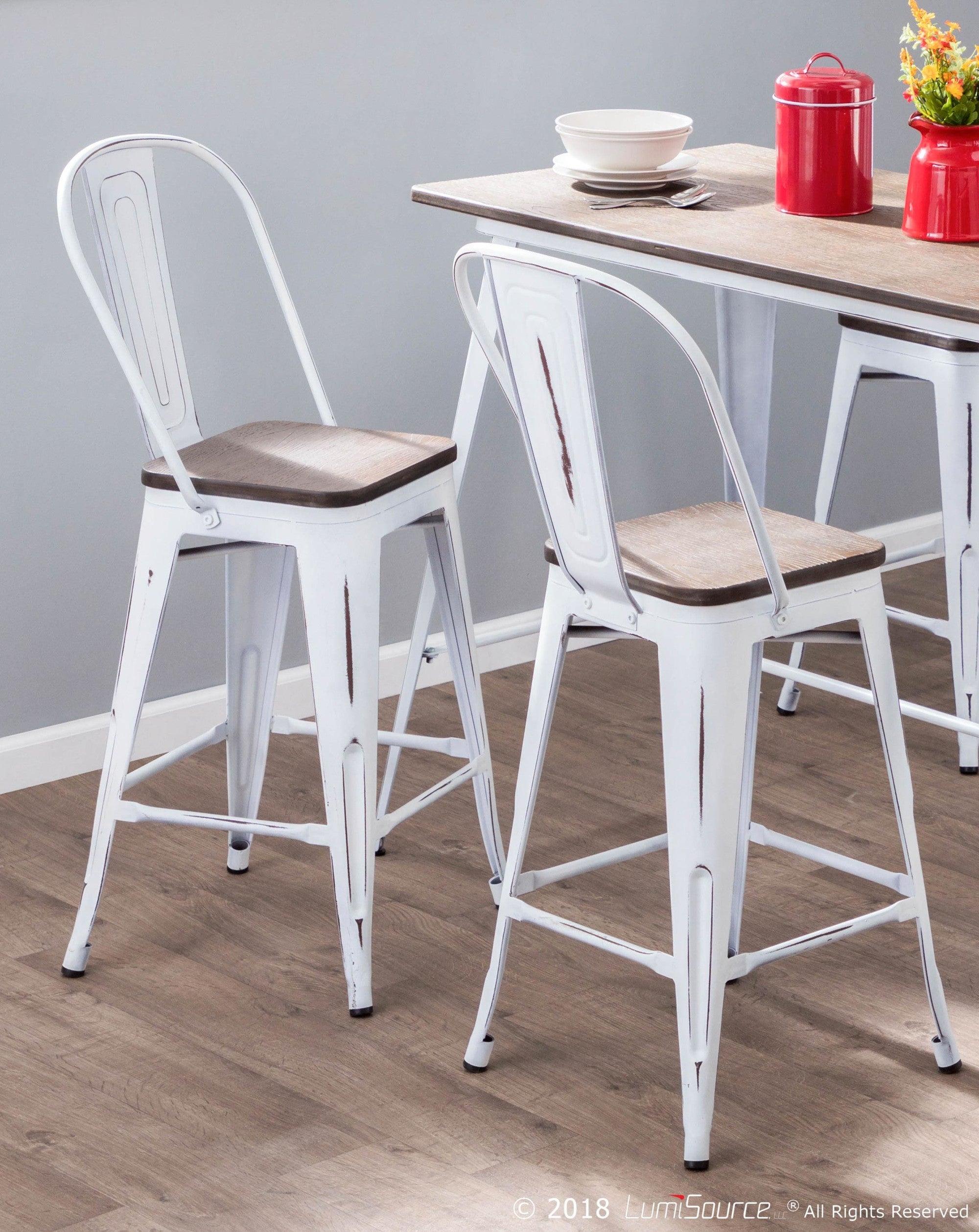 Oregon High Back 24" Fixed-Height Counter Stool - Set of 2 - Vintage White Metal, Espresso Bamboo