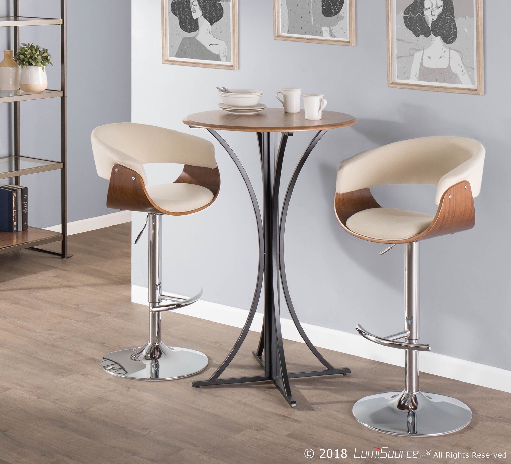 Vintage Mod Adjustable Barstool - Set of 2 - Chrome Metal, Walnut Wood, Cream Fabric
