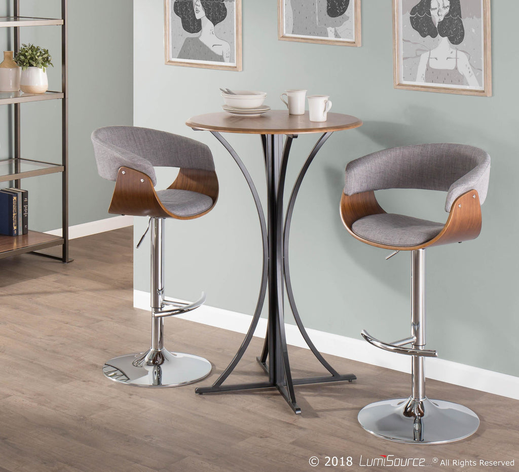 Vintage Mod Adjustable Barstool - Chrome Metal, Walnut Wood, Light Grey Fabric