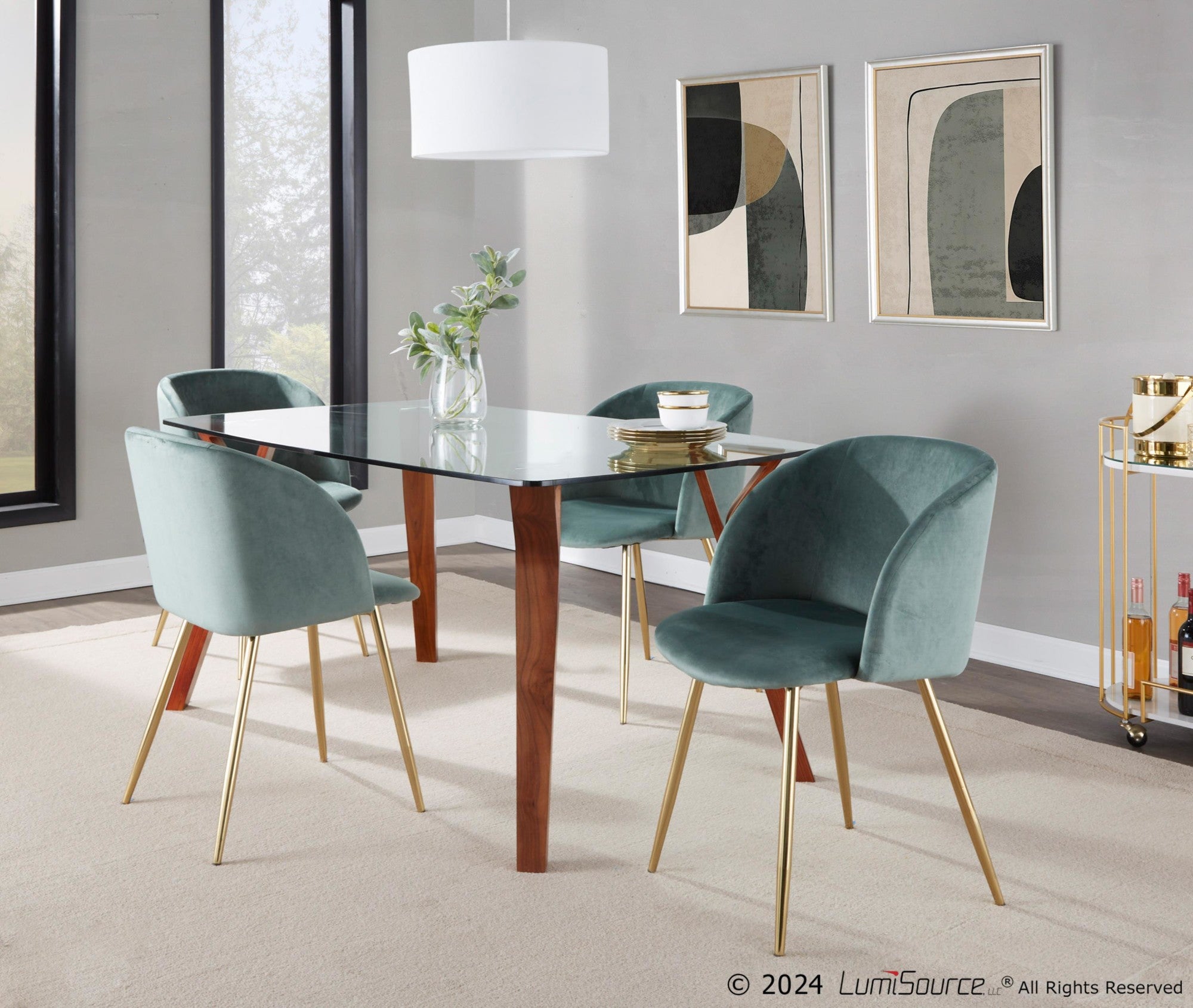 Folia-fran Dining Set - 5 Piece - Walnut Wood, Clear Glass, Sage Green Velvet, Gold Metal