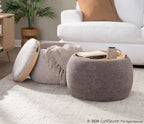 Tray Pouf - Light Brown Fabric, Natural Wood