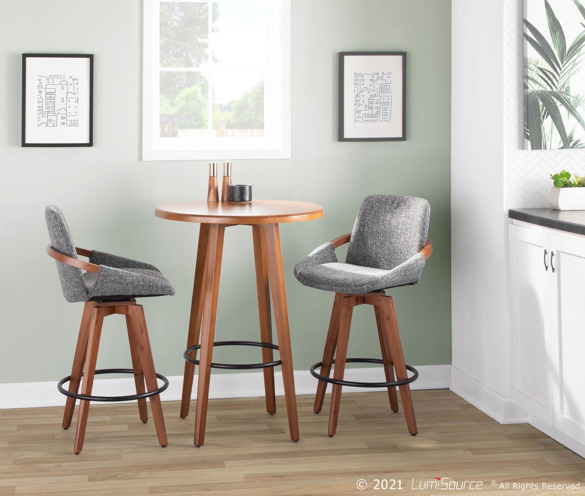 Cosmo 26" Fixed-Height Counter Stool - Walnut Bamboo, Grey Noise Fabric, Black Metal