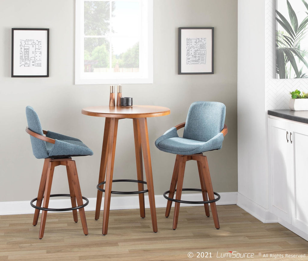 Cosmo 26" Fixed-Height Counter Stool - Walnut Bamboo, Blue Noise Fabric, Black Metal