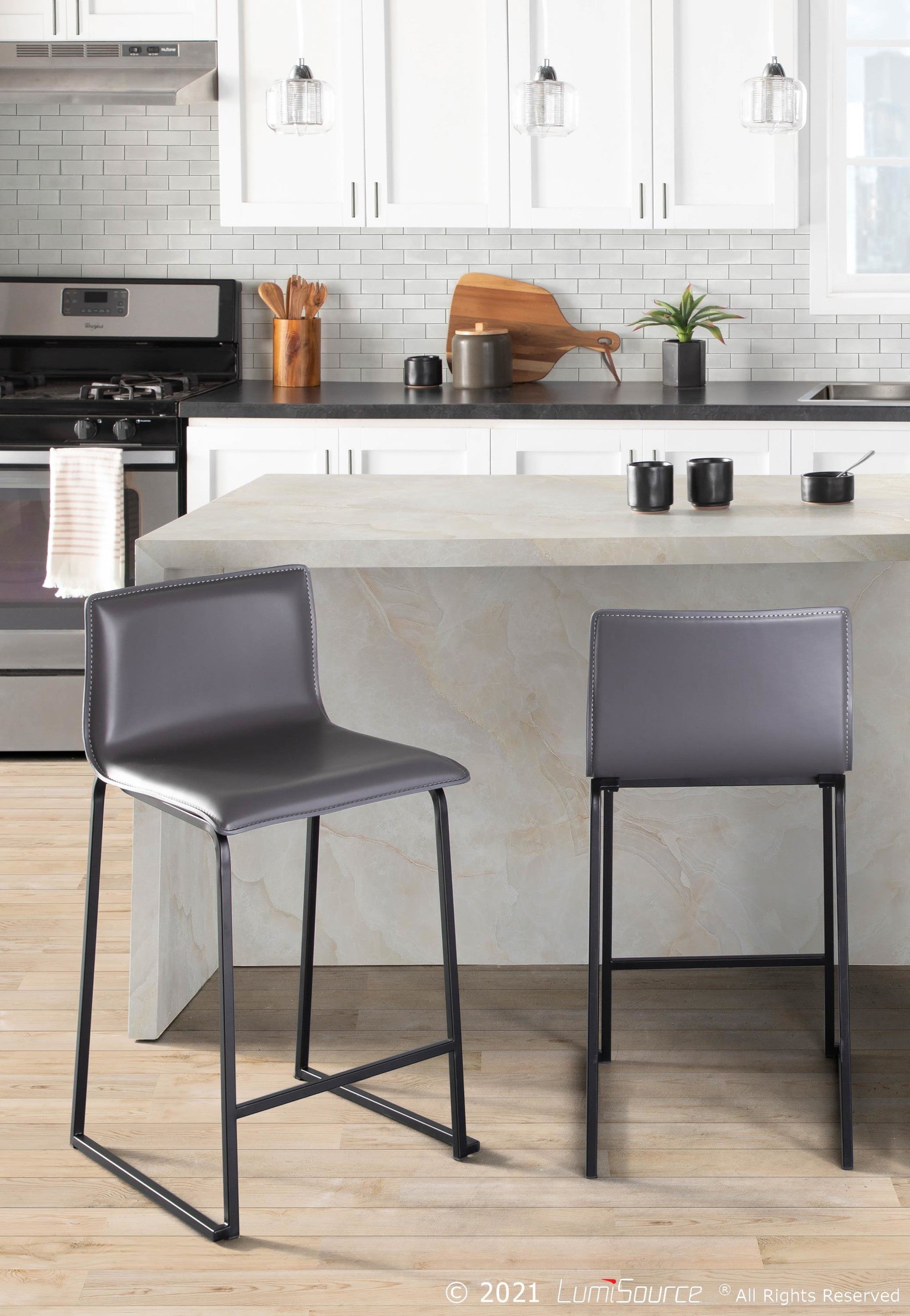Mara 26" Fixed-Height Counter Stool - Set of 2 - Black Metal, Grey PU