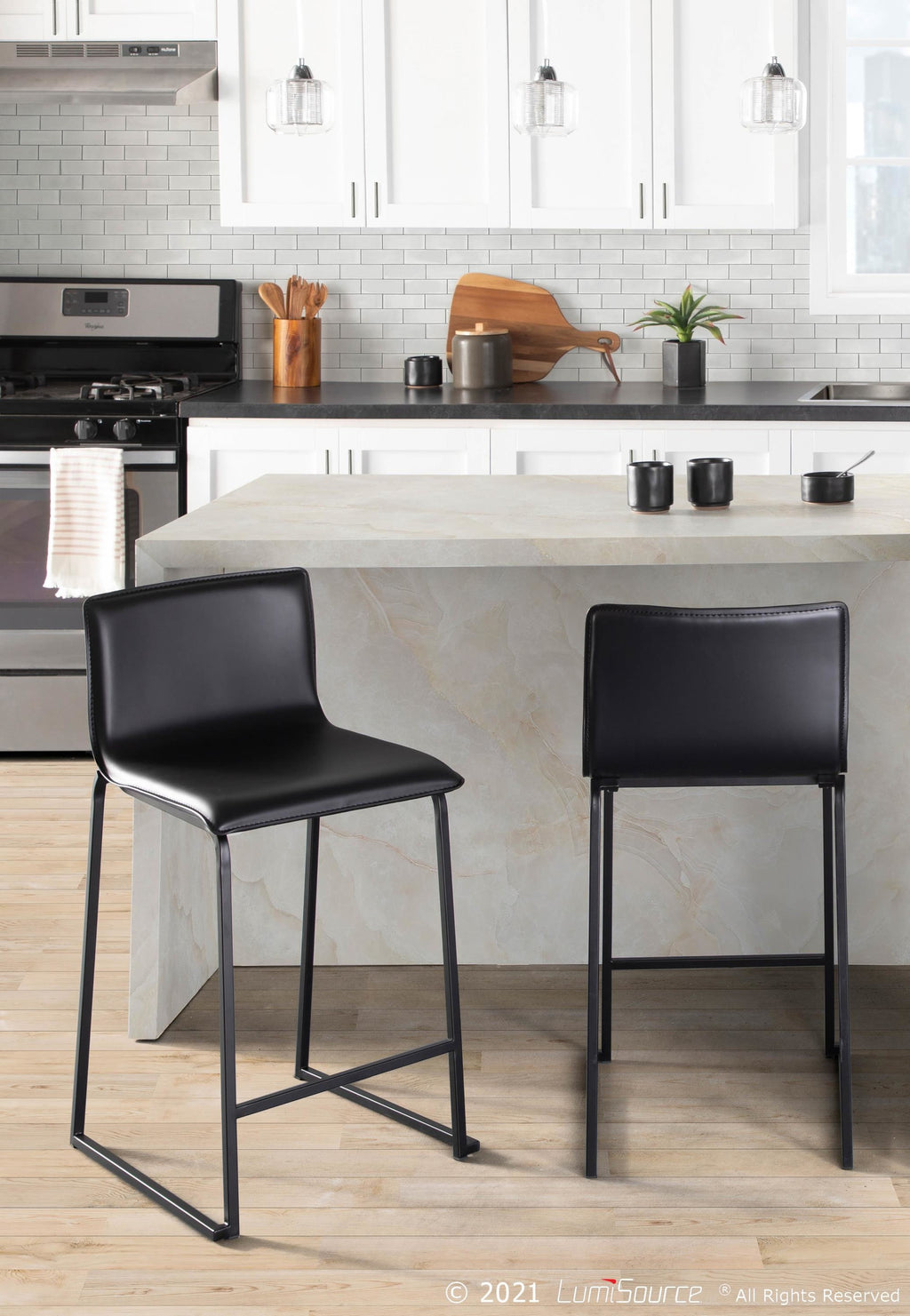 Mara 26" Fixed-Height Counter Stool - Set of 2 - Black Metal, Black PU