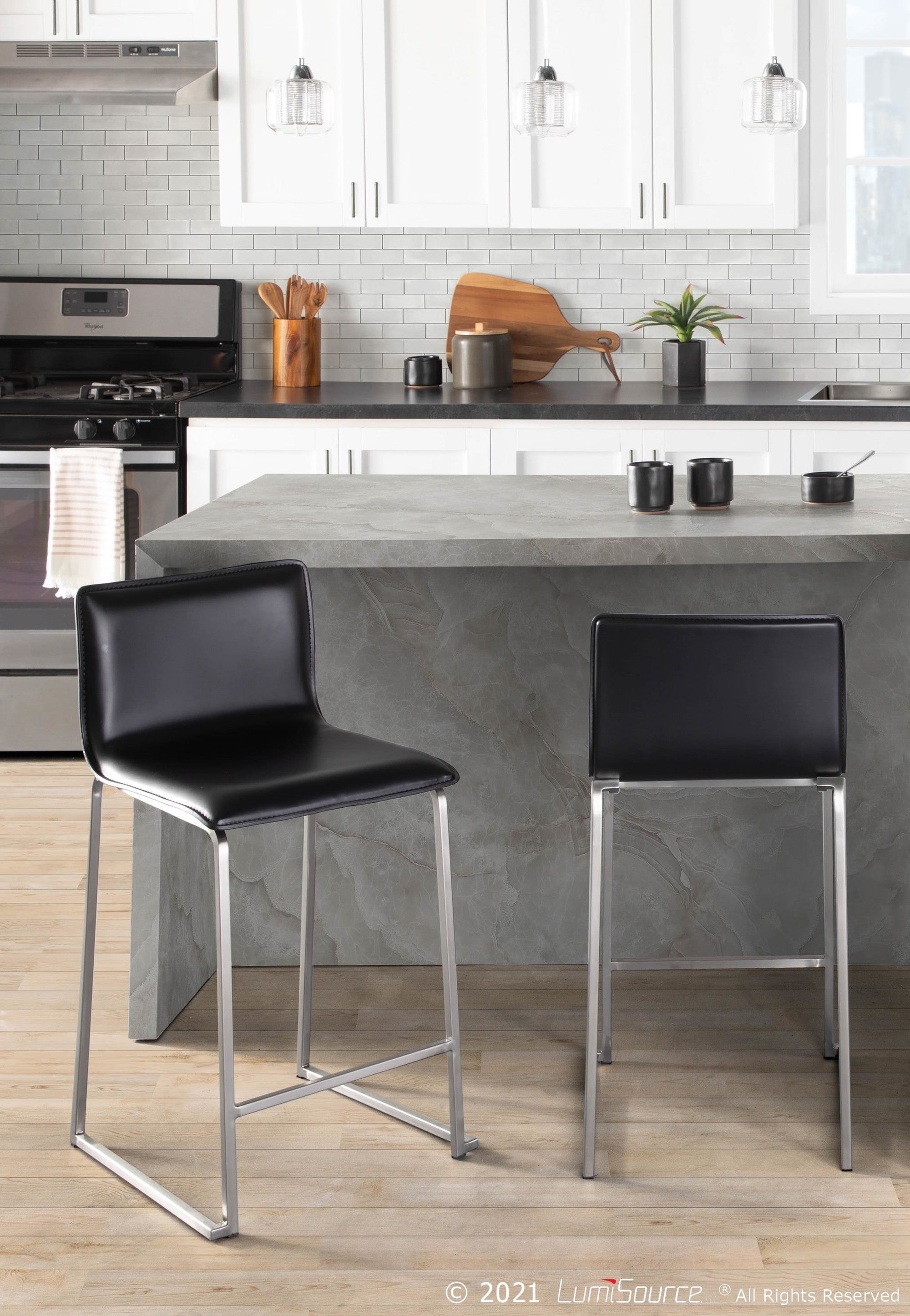 Mara 26" Fixed-Height Counter Stool - Set of 2 - Stainless Steel, Black PU