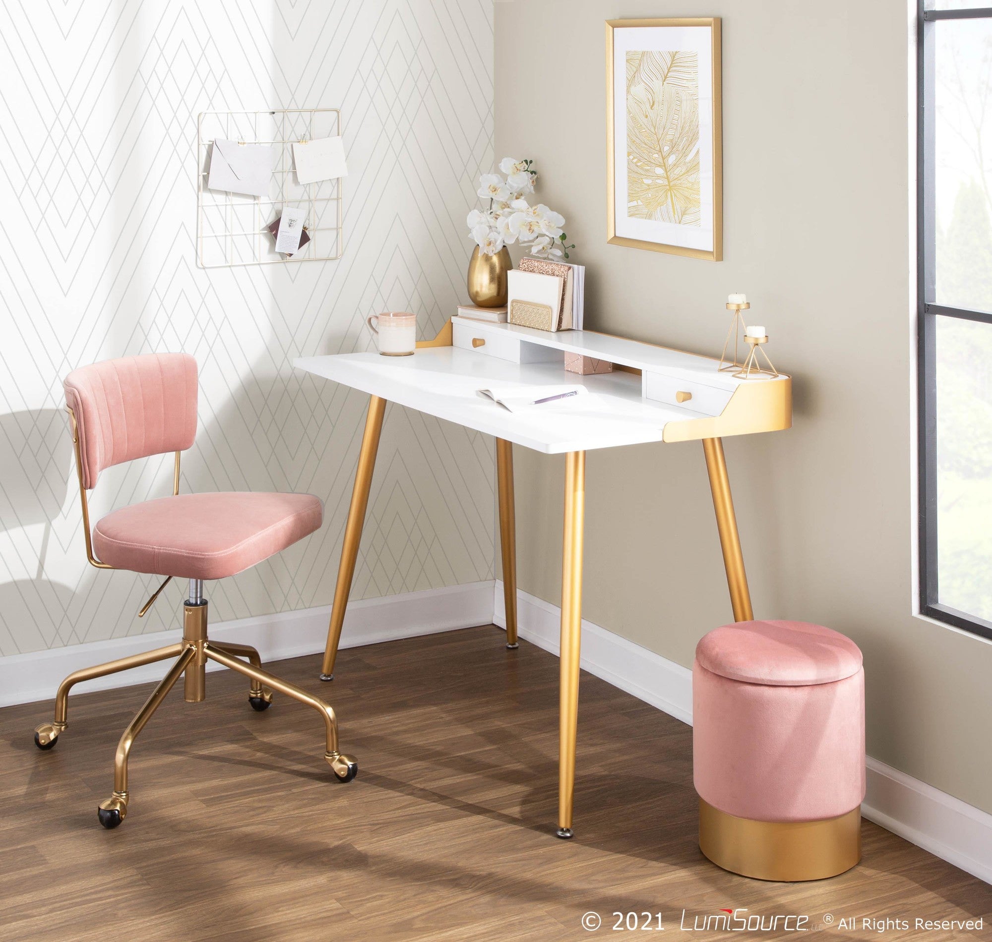 Tania Task Chair - Gold Metal, Pink Velvet