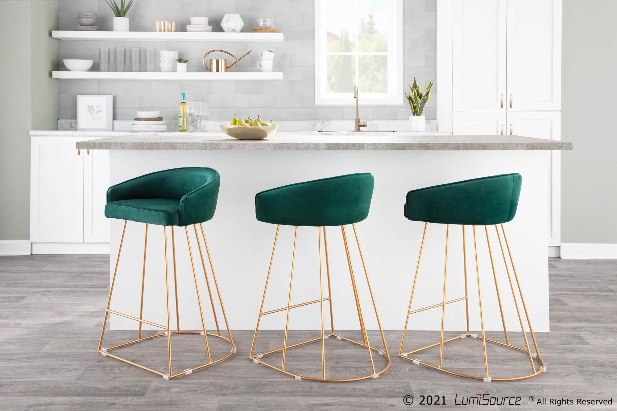 Canary Counter Stool - Set of 2 - Gold Metal, Green Velvet