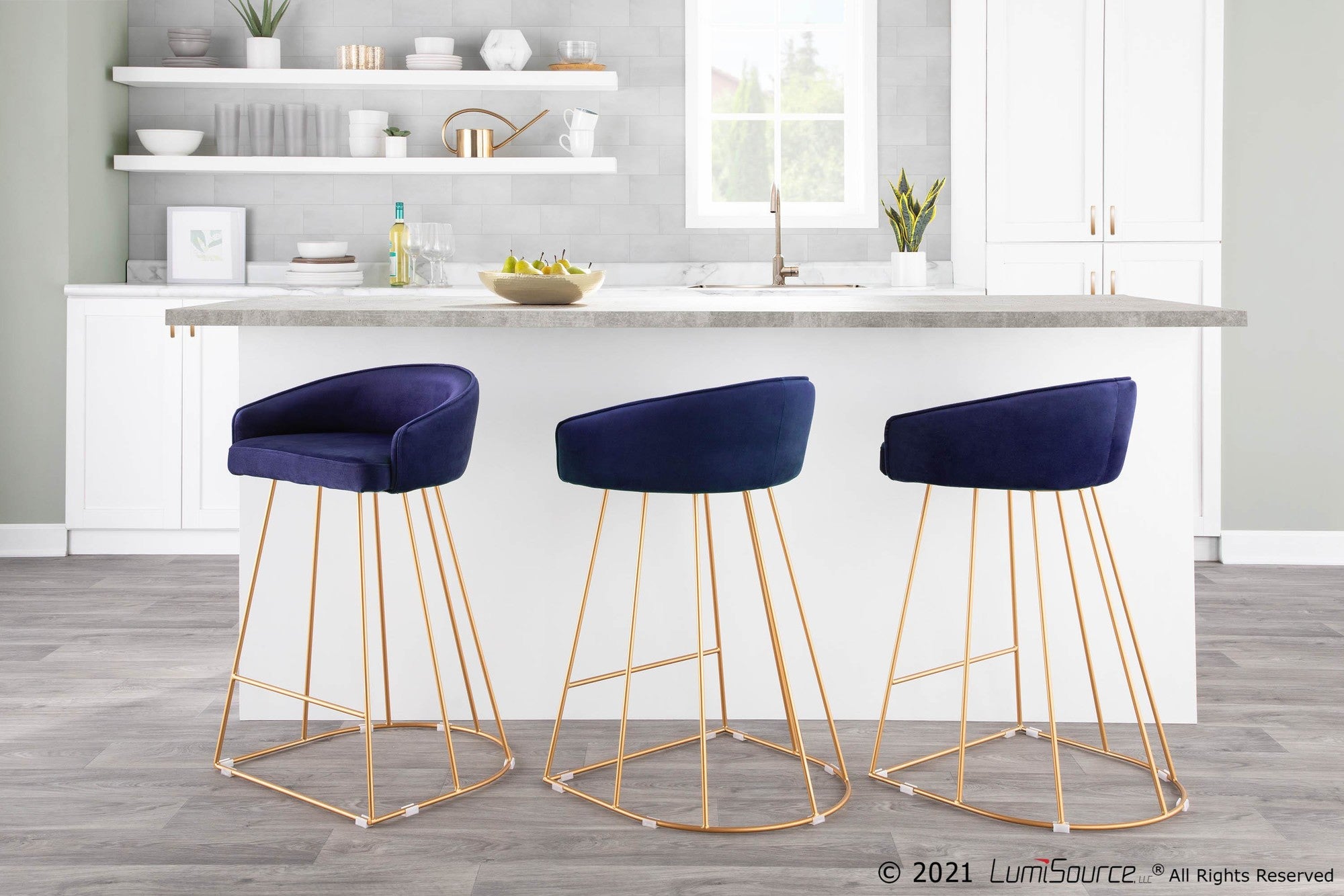 Canary Counter Stool - Set of 2 - Gold Metal, Blue Velvet