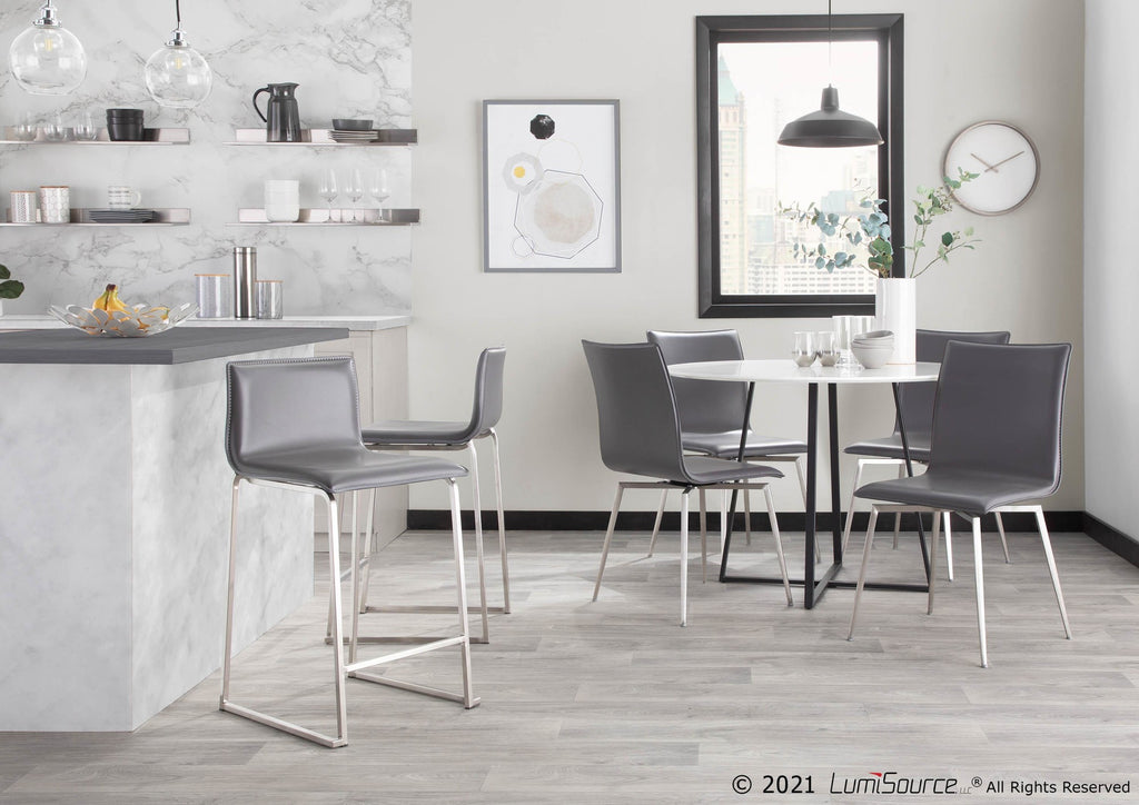 Mara 26" Fixed-Height Counter Stool - Set of 2 - Stainless Steel, Grey PU