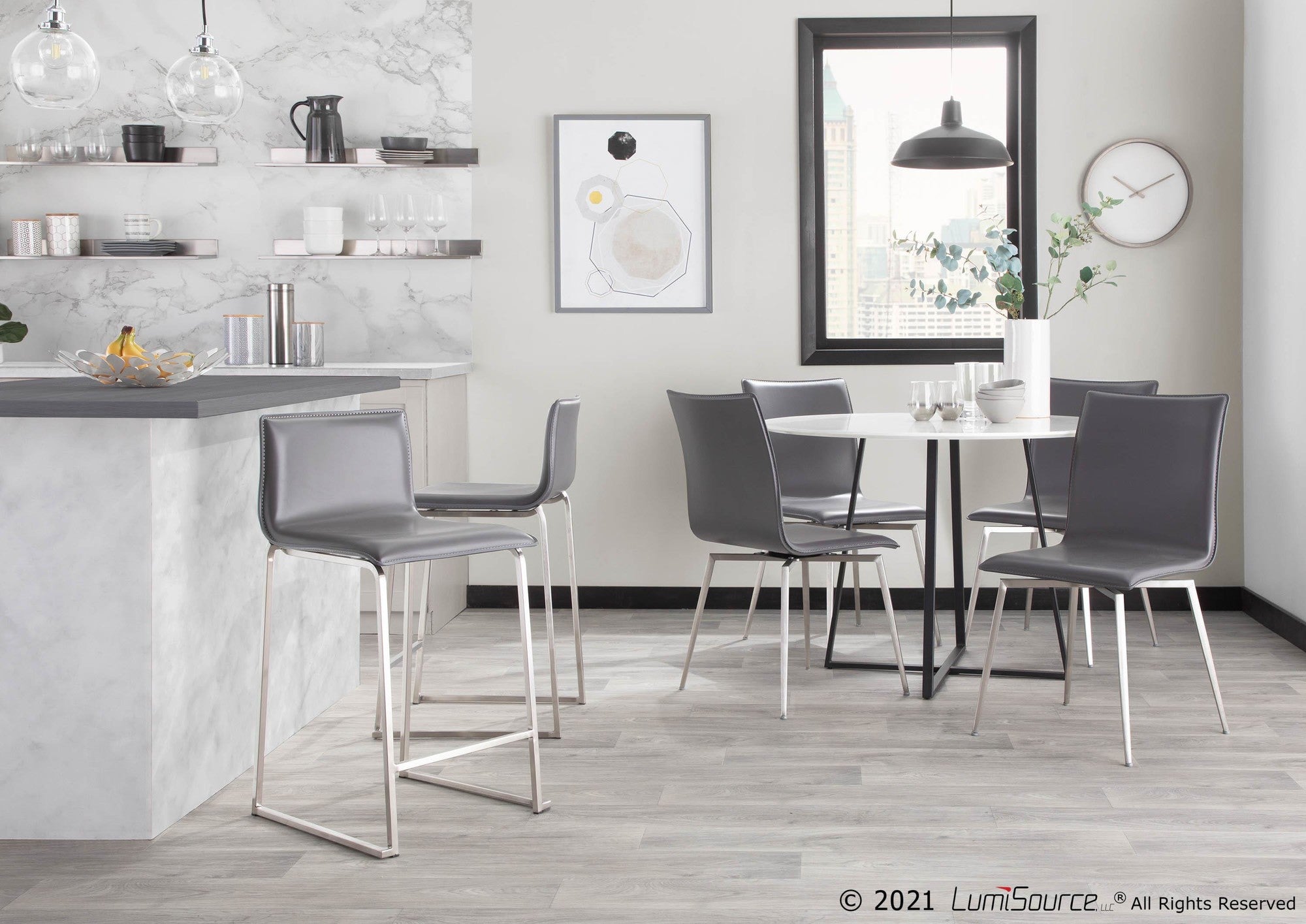 Mason Upholstered Chair - Set of 2 - Brushed Stainless Steel, Grey PU