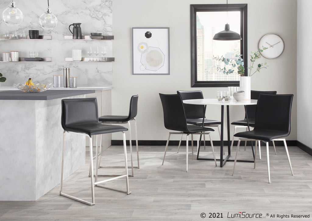 Mara 26" Fixed-Height Counter Stool - Set of 2 - Stainless Steel, Black PU