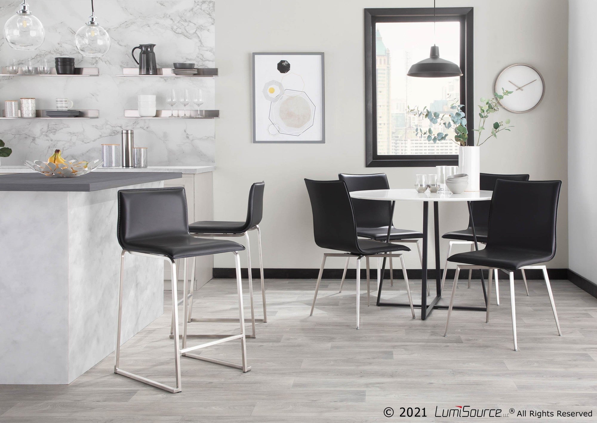 Mason Upholstered Chair - Set of 2 - Brushed Stainless Steel, Black PU