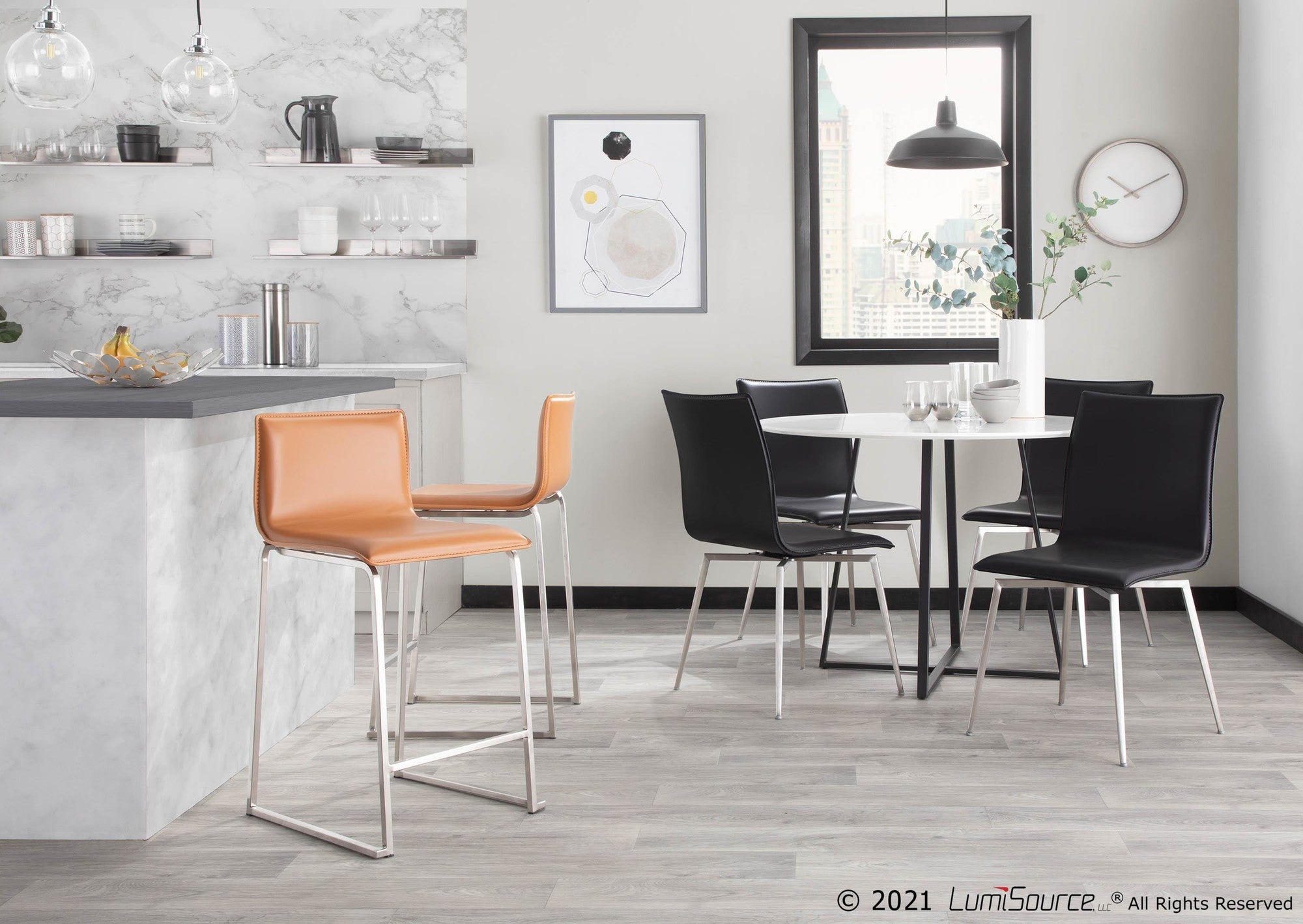 Mason Upholstered Chair - Set of 2 - Brushed Stainless Steel, Black PU