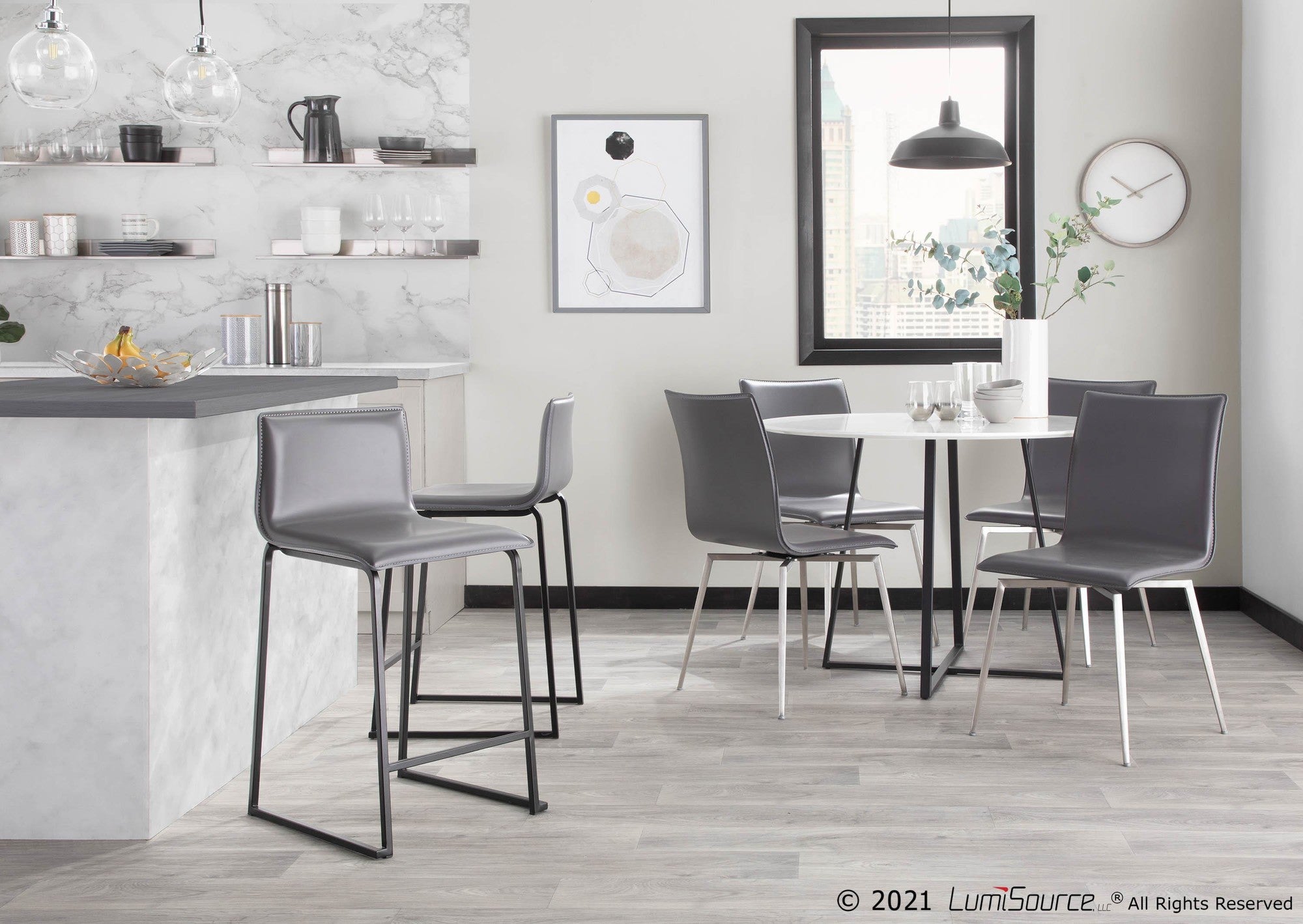 Mason Upholstered Chair - Set of 2 - Brushed Stainless Steel, Grey PU