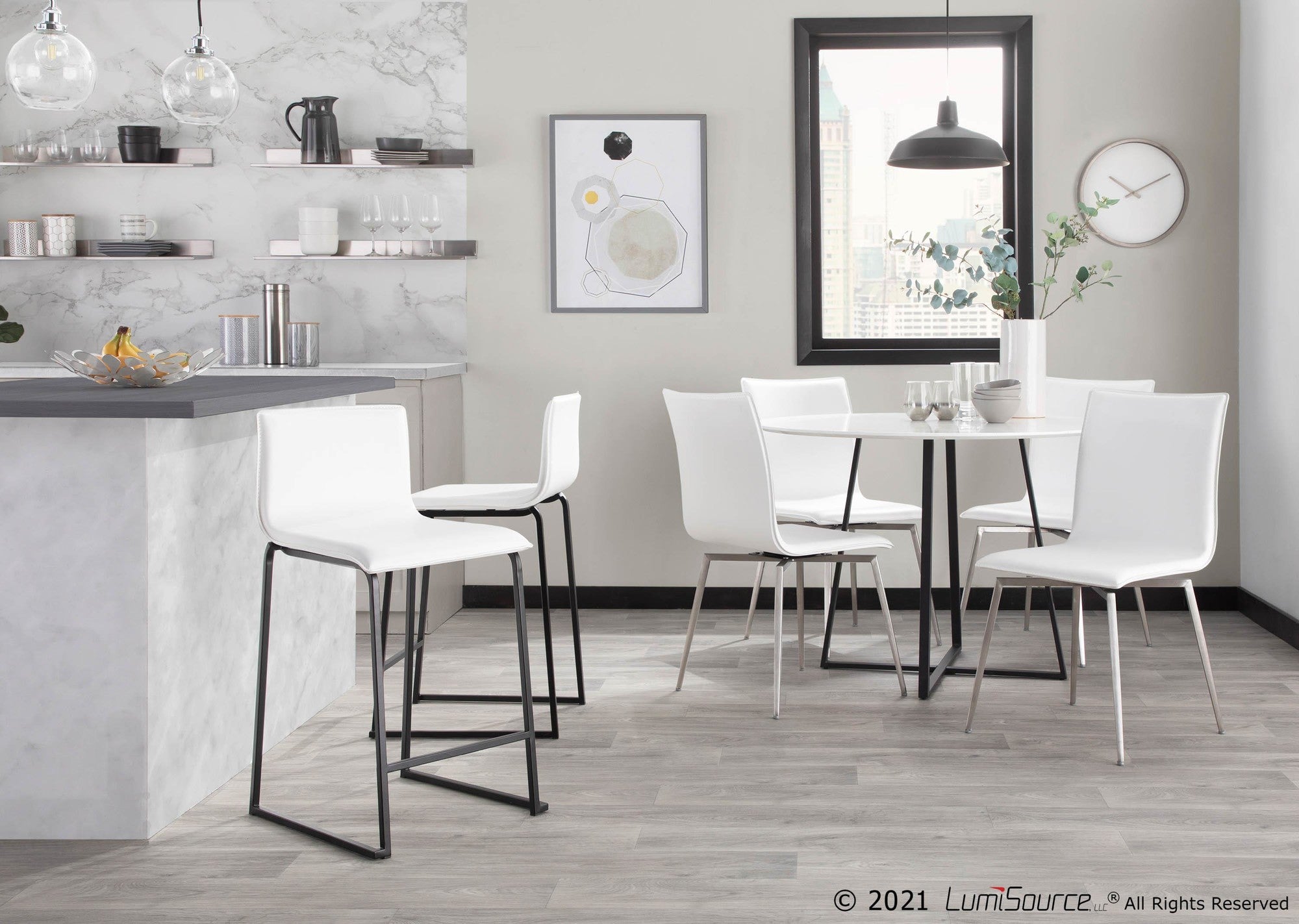 Mason Upholstered Chair - Set of 2 - Brushed Stainless Steel, White PU