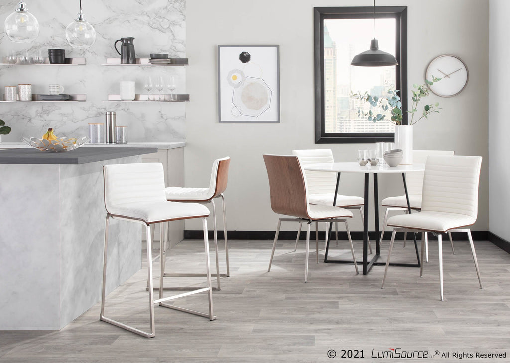 Mara 26" Fixed-Height Counter Stool - Set of 2 - Brushed Stainless Steel, Walnut Wood, White PU