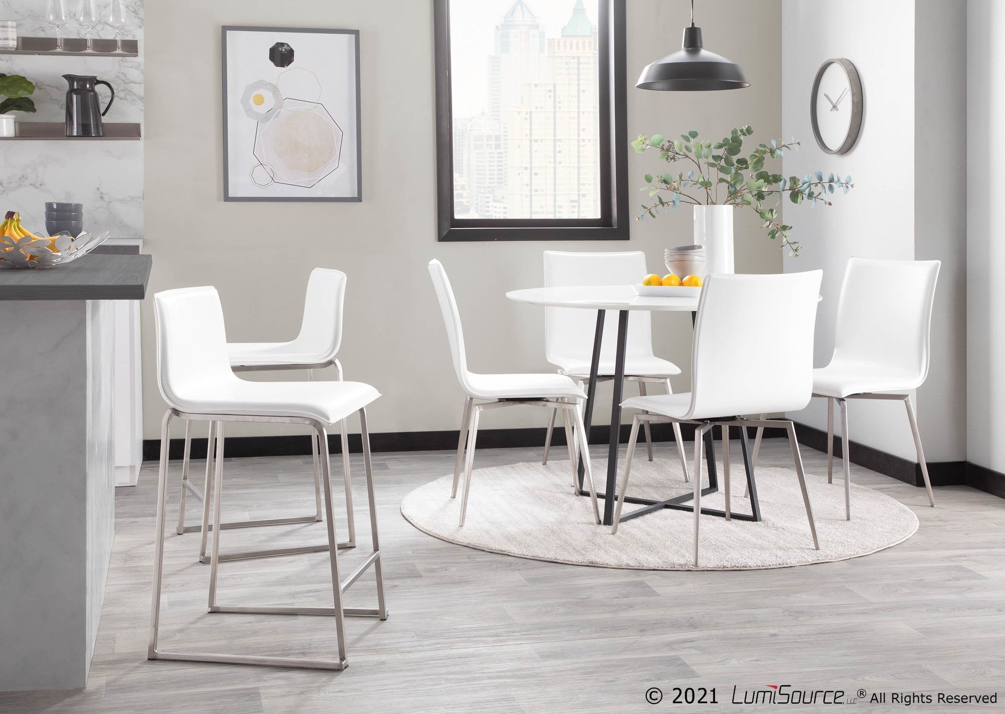 Mara 26" Fixed-Height Counter Stool - Set of 2 - Stainless Steel, White PU