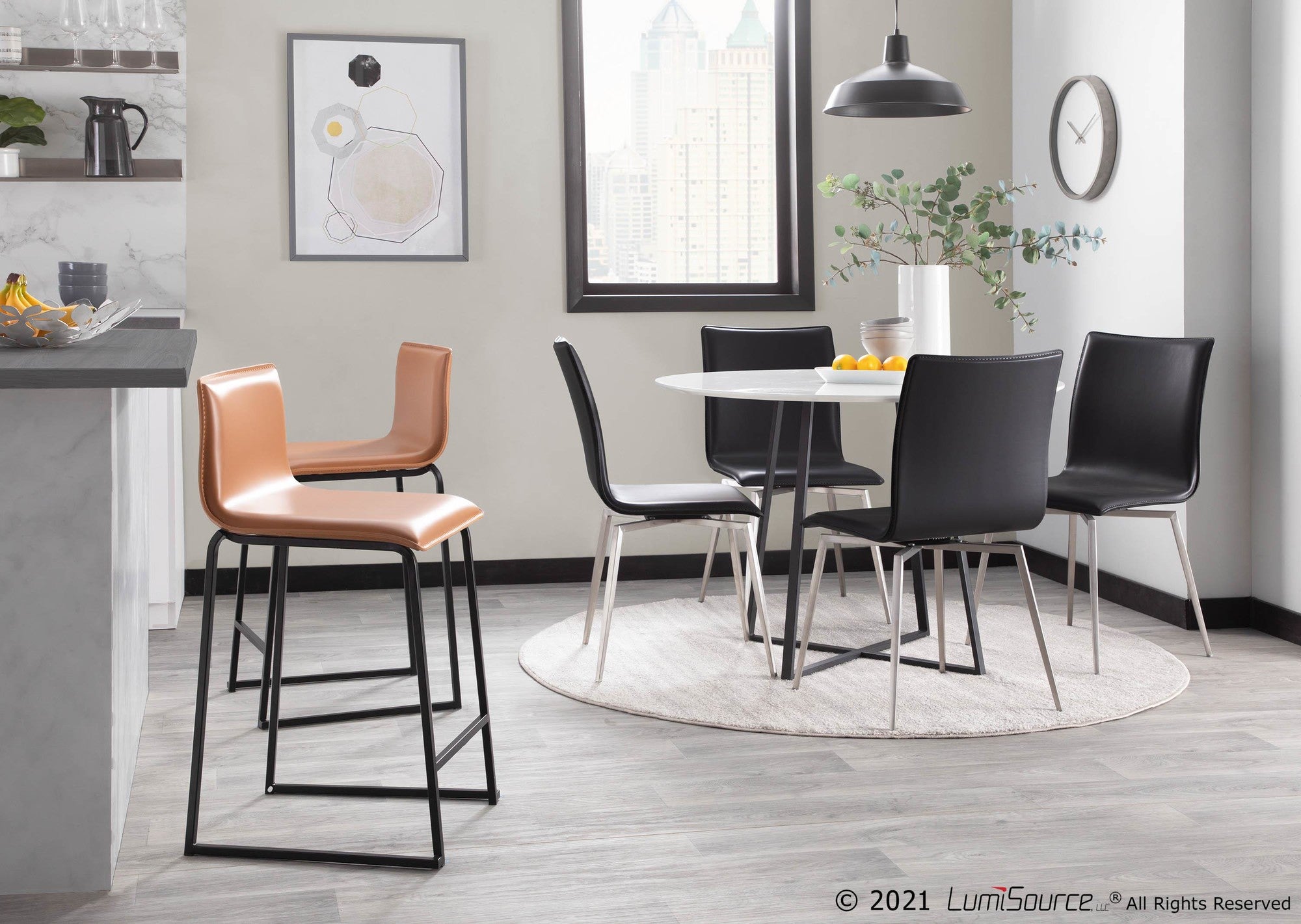Mara 26" Fixed-Height Counter Stool - Set of 2 - Black Metal, Camel PU