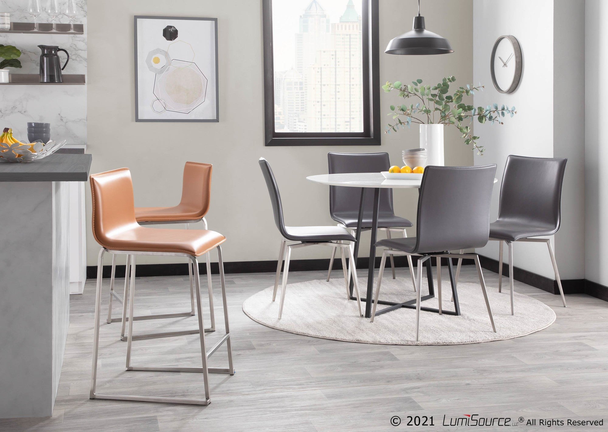 Mara 26" Fixed-Height Counter Stool - Set of 2 - Stainless Steel, Camel PU