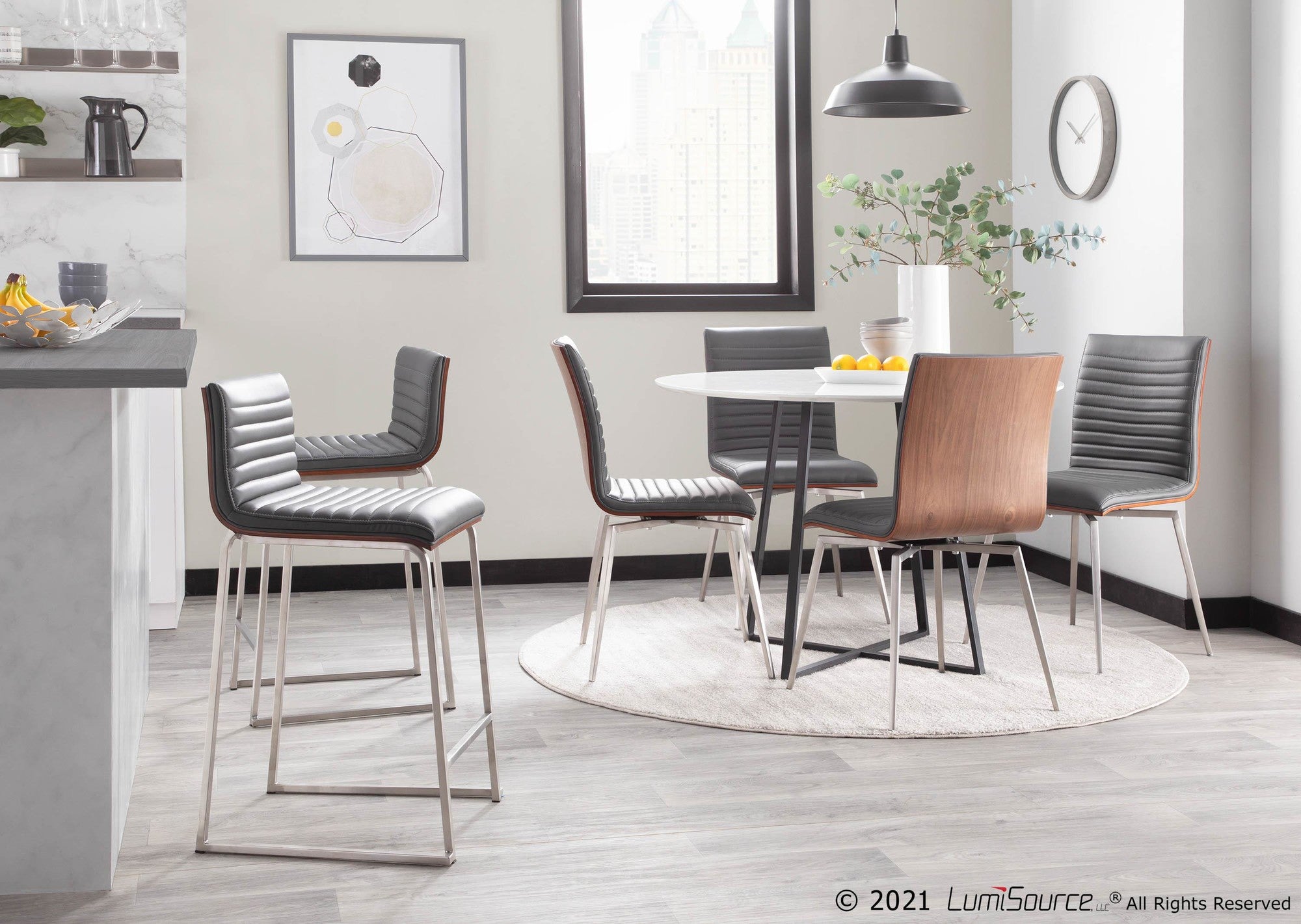 Mara 26" Fixed-Height Counter Stool - Set of 2 - Brushed Stainless Steel, Walnut Wood, Grey PU