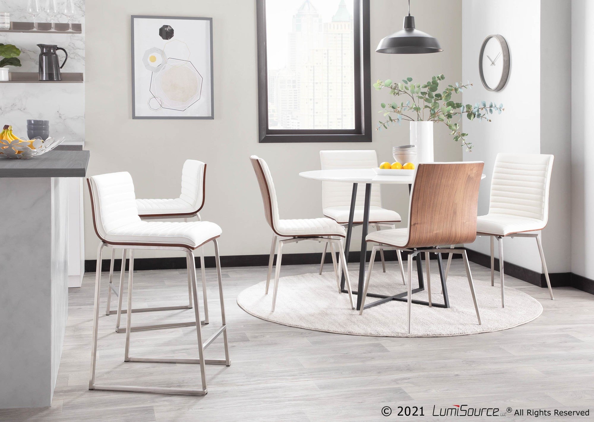 Mara 26" Fixed-Height Counter Stool - Set of 2 - Brushed Stainless Steel, Walnut Wood, White PU