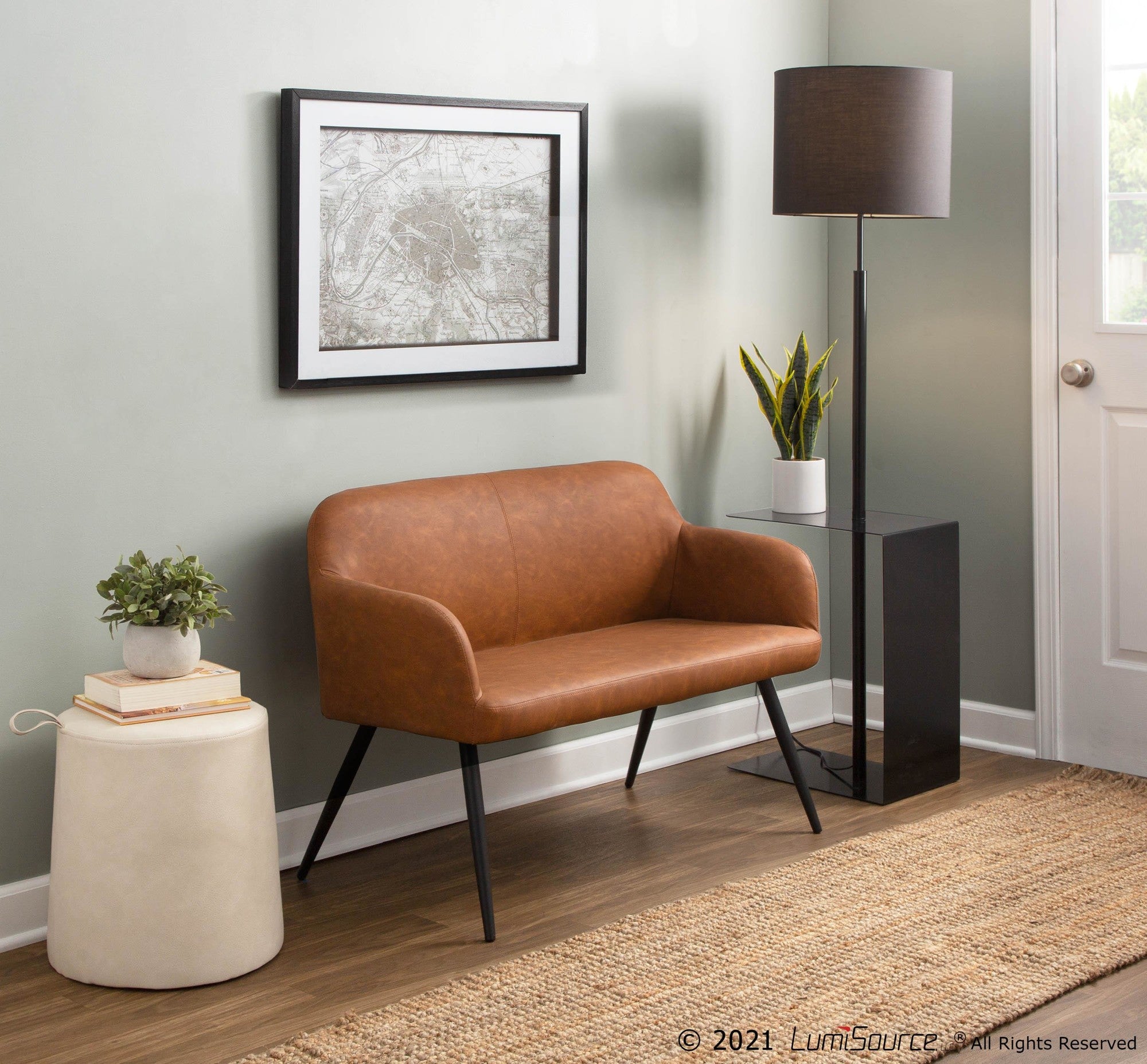 Daniella High Back Bench - Black Steel, Camel PU