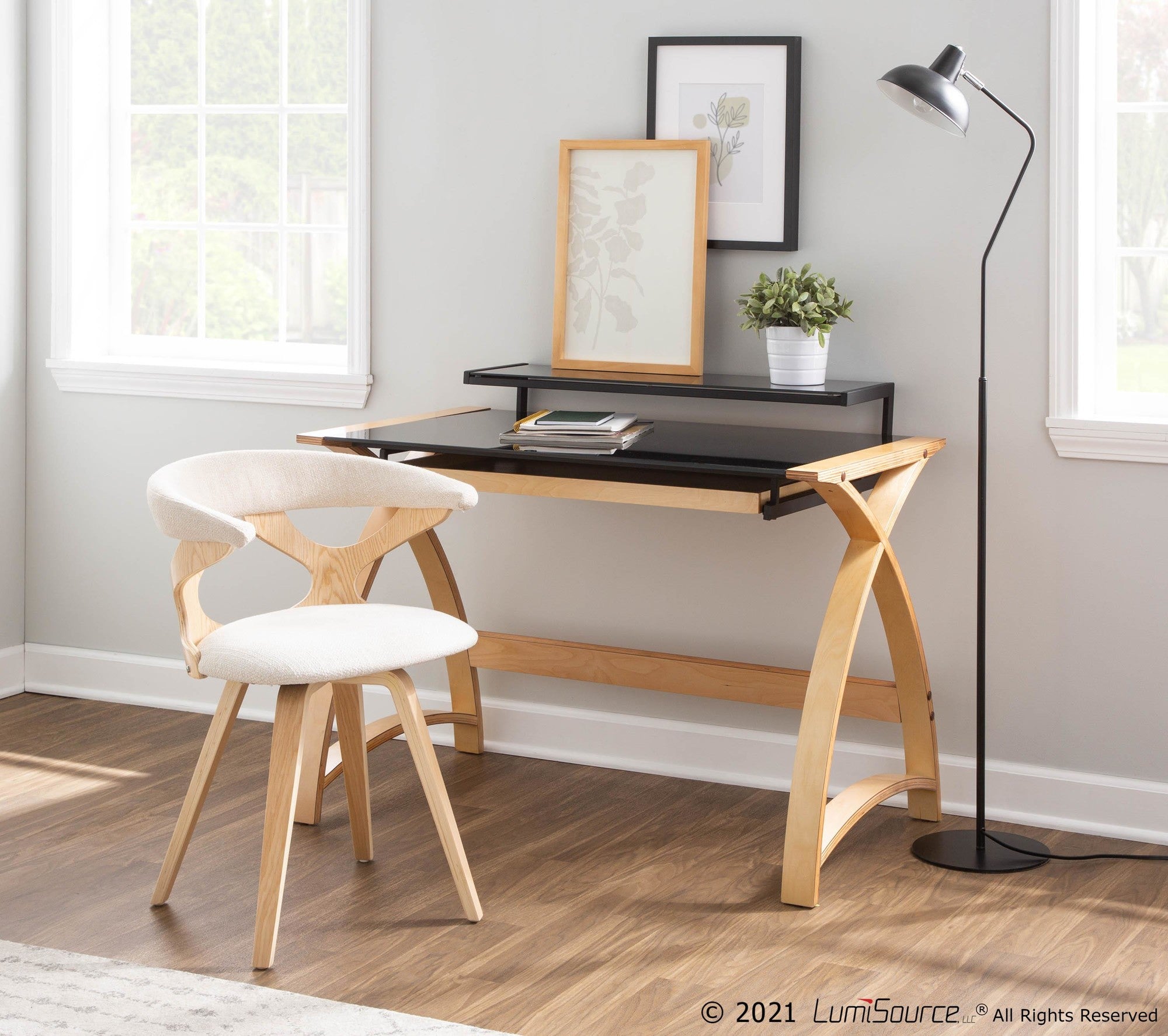 Bentley Office Desk - Natural Wood, Black Glass