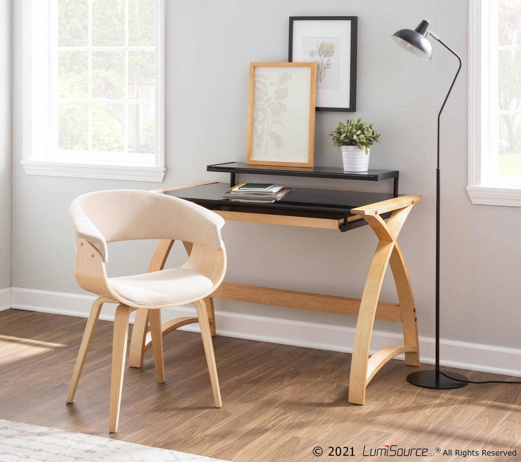 Bentley Office Desk - Natural Wood, Black Glass