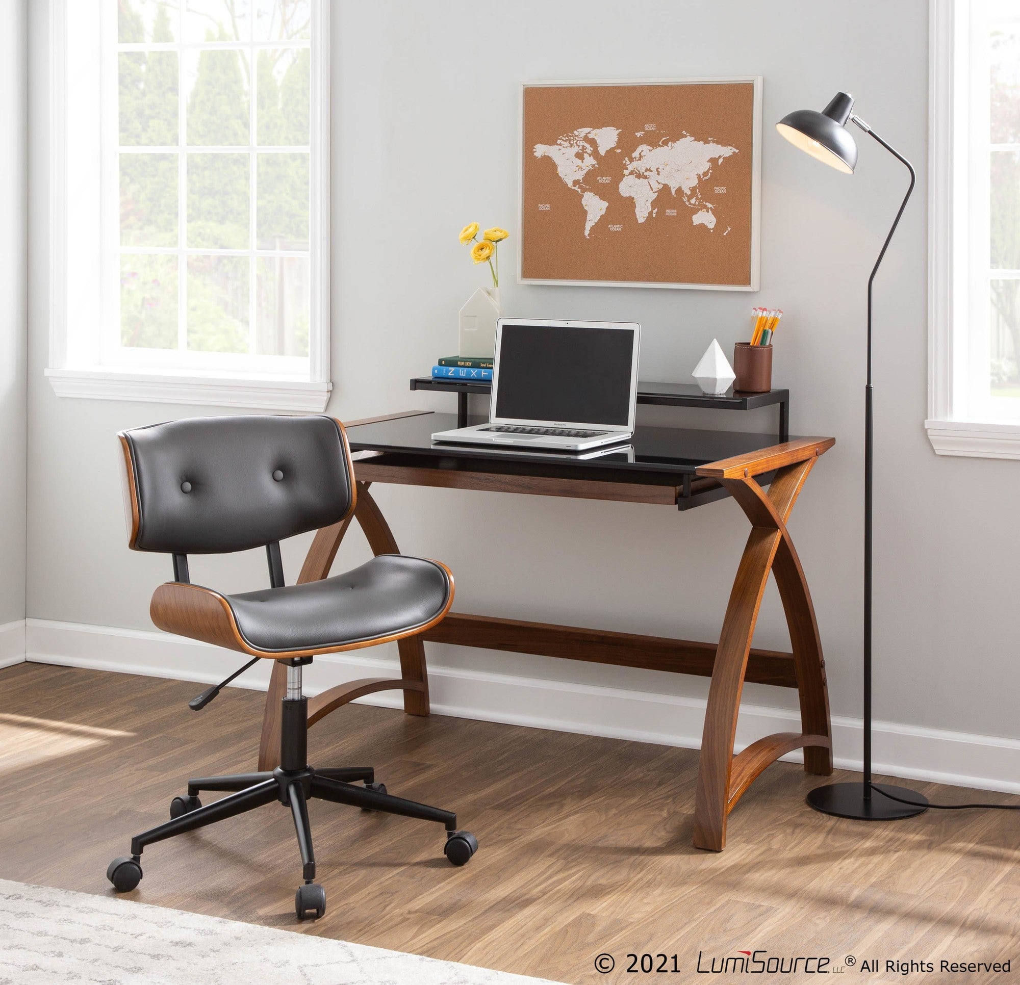 Lombardi Office Chair - Black Metal, Walnut Wood, Grey PU