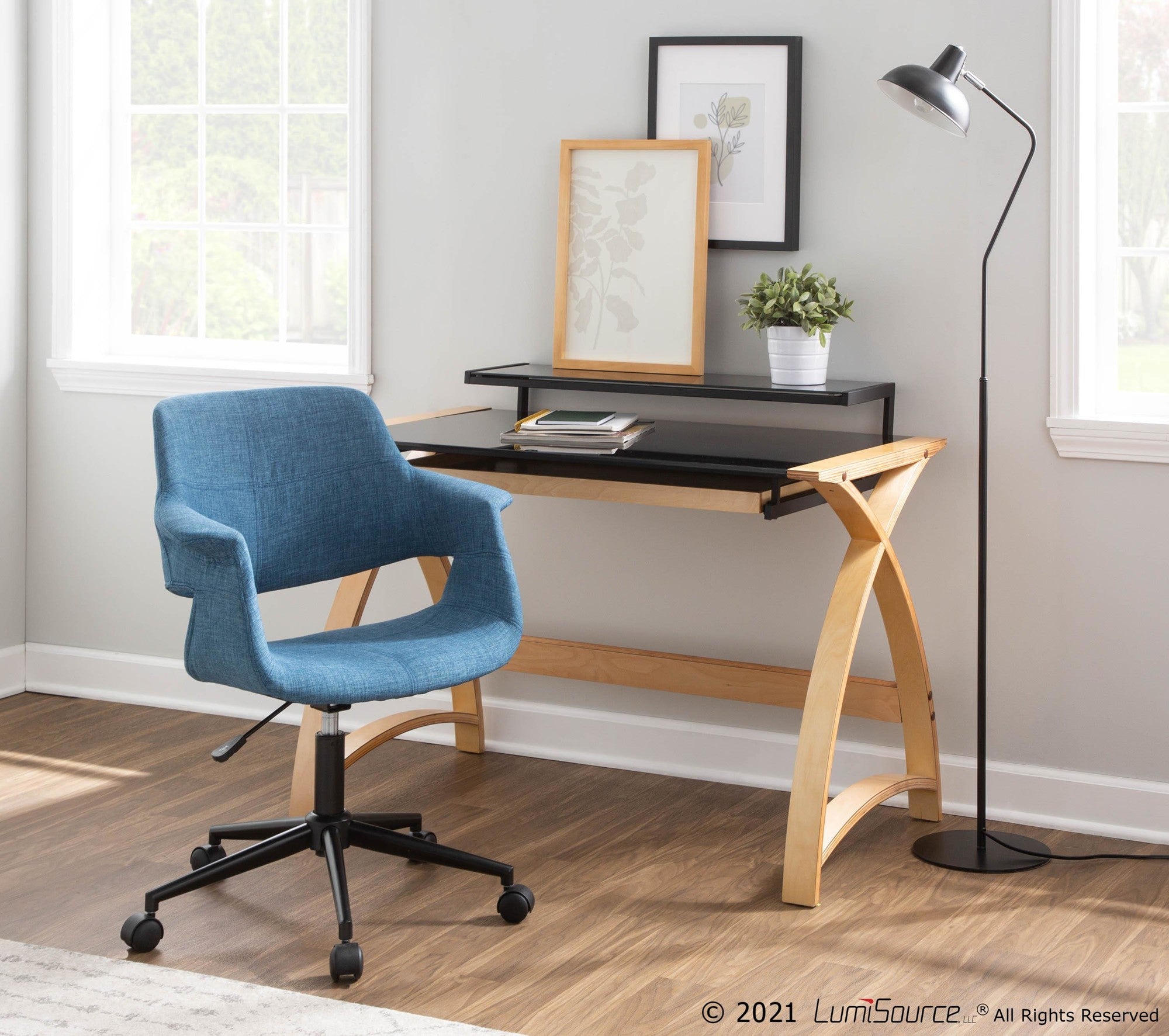 Bentley Office Desk - Natural Wood, Black Glass