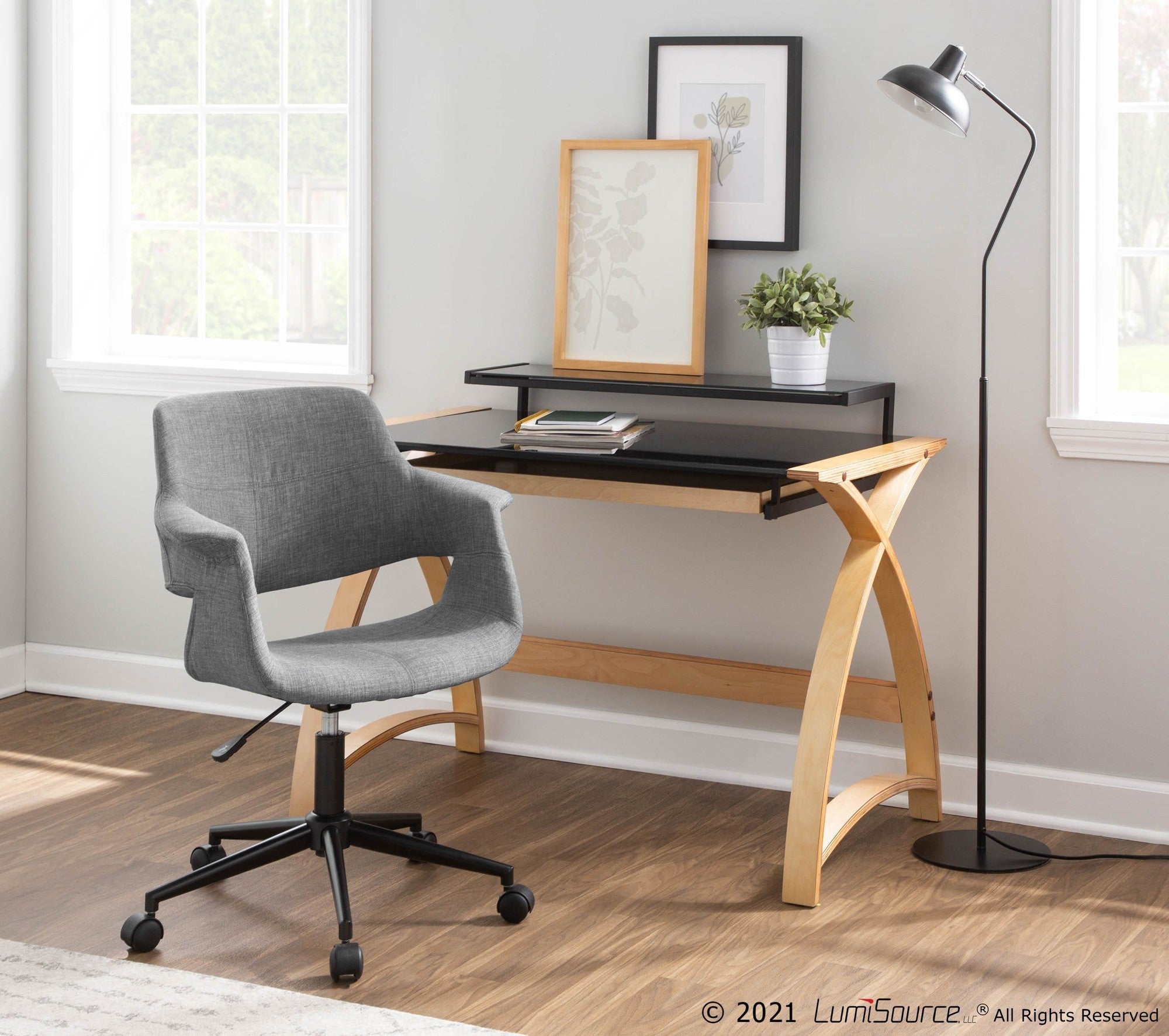 Bentley Office Desk - Natural Wood, Black Glass