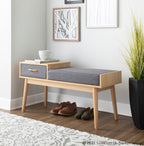 Telephone Bench - Natural Wood, Grey Fabric