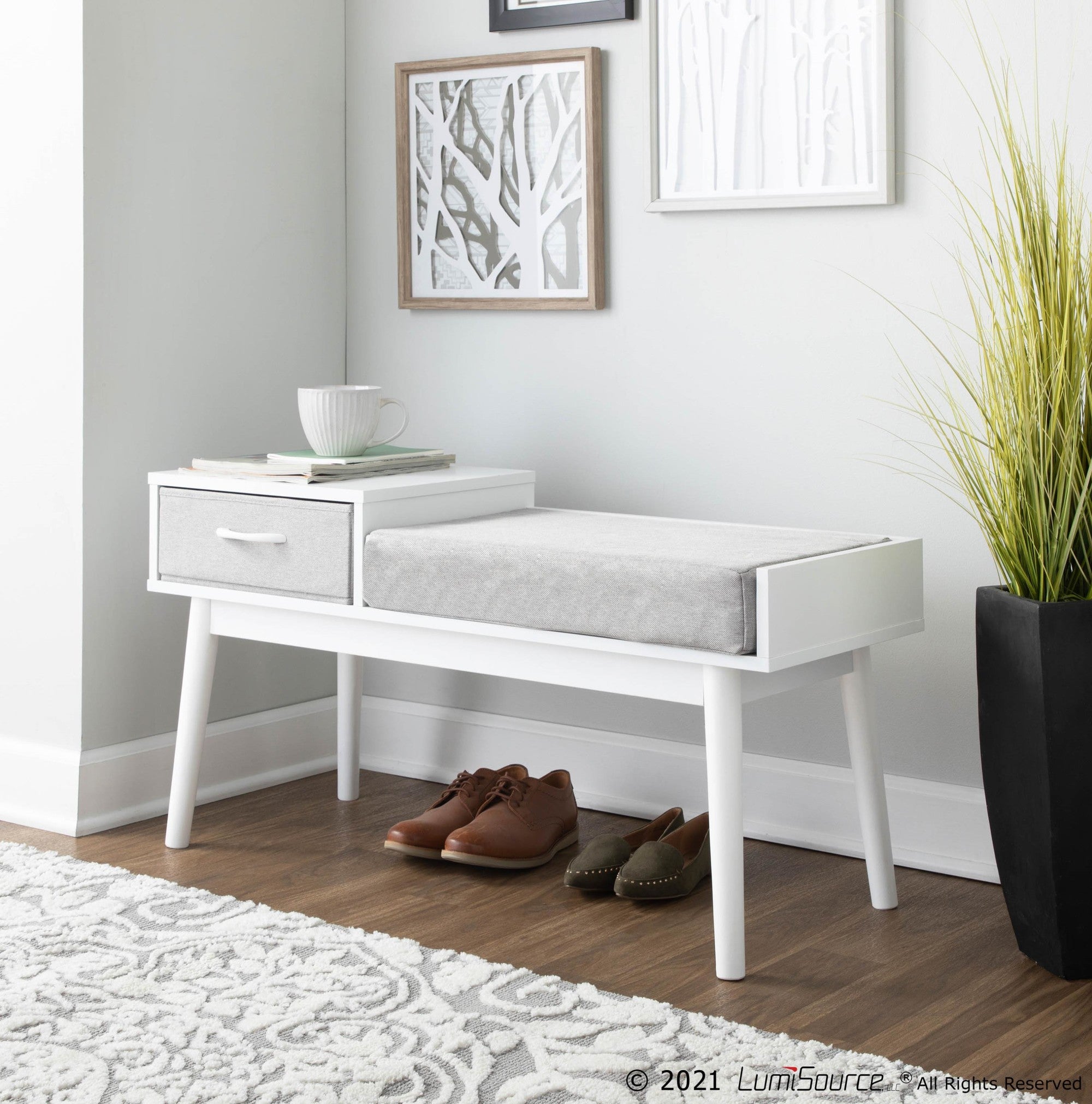 Telephone Bench - White Wood, Grey Fabric